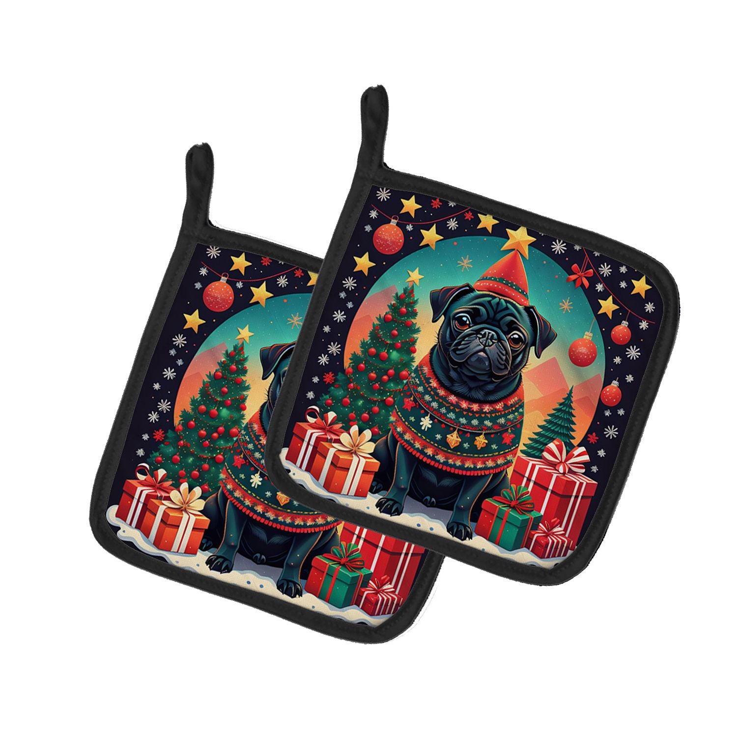 Black Pug Christmas Pair of Pot Holders Kitchen Heat Resistant Pot Holders Sets Oven Hot Pads for Cooking Baking BBQ, 7 1/2 x 7 