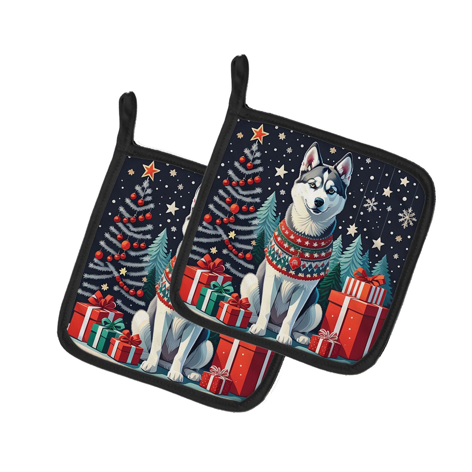 Siberian Husky Christmas Pair of Pot Holders Kitchen Heat Resistant Pot Holders Sets Oven Hot Pads for Cooking Baking BBQ, 7 1/2