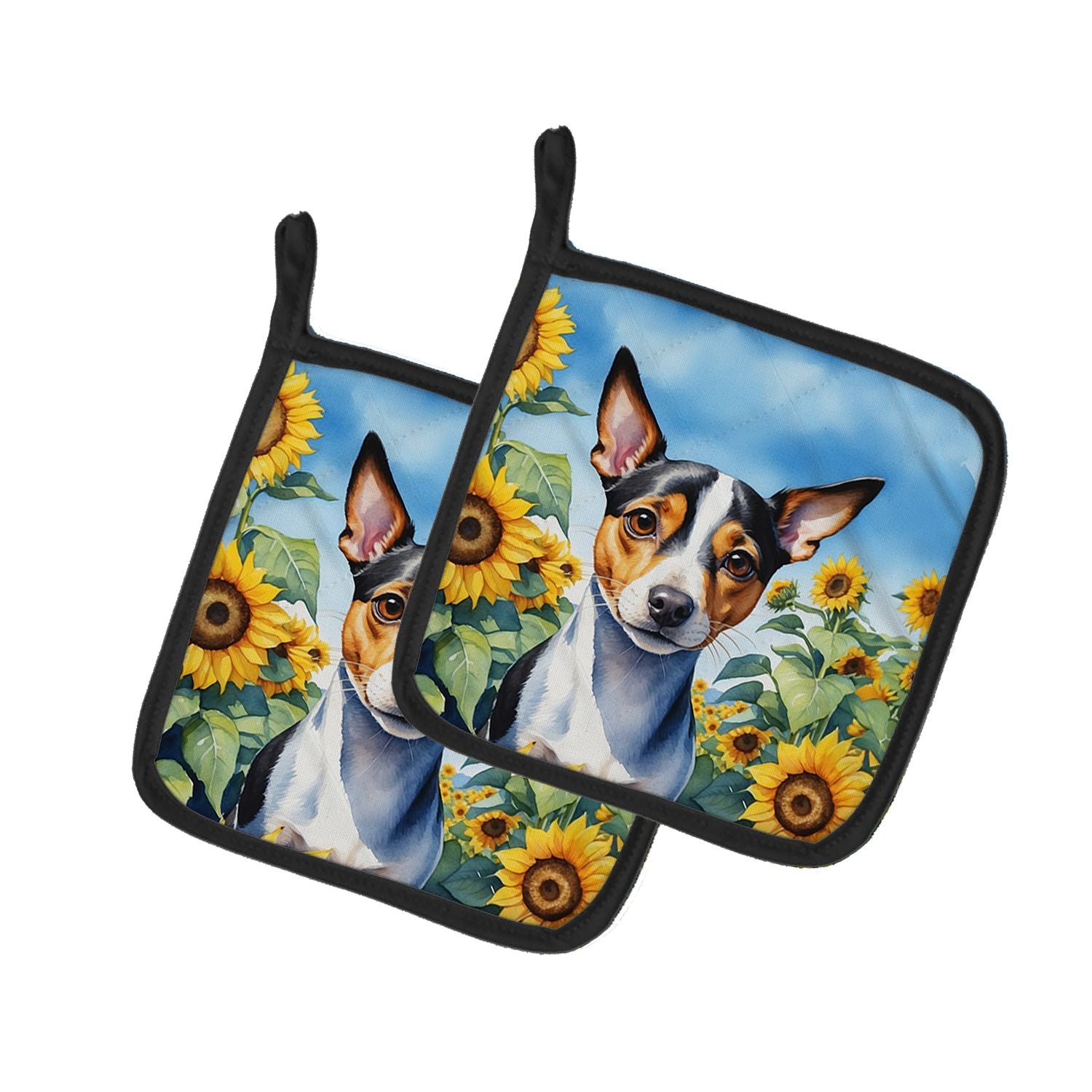 Rat Terrier in Sunflowers Pair of Pot Holders Kitchen Heat Resistant Pot Holders Sets Oven Hot Pads for Cooking Baking BBQ, 7 1/