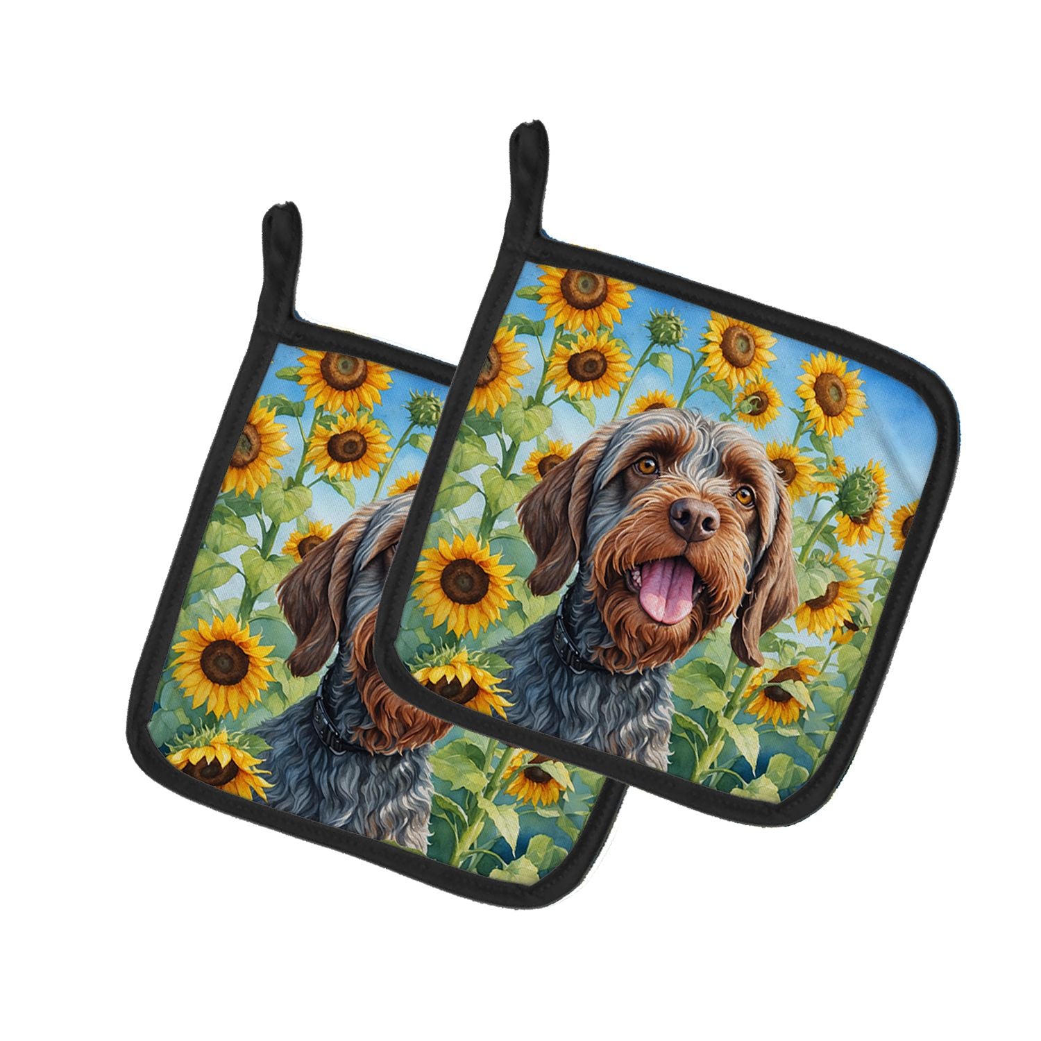 Wirehaired Pointing Griffon in Sunflowers Pair of Pot Holders Kitchen Heat Resistant Pot Holders Sets Oven Hot Pads for Cooking 