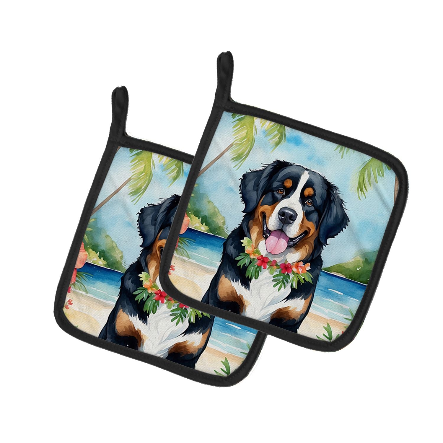 Bernese Mountain Dog Luau Pair of Pot Holders Kitchen Heat Resistant Pot Holders Sets Oven Hot Pads for Cooking Baking BBQ, 7 1/