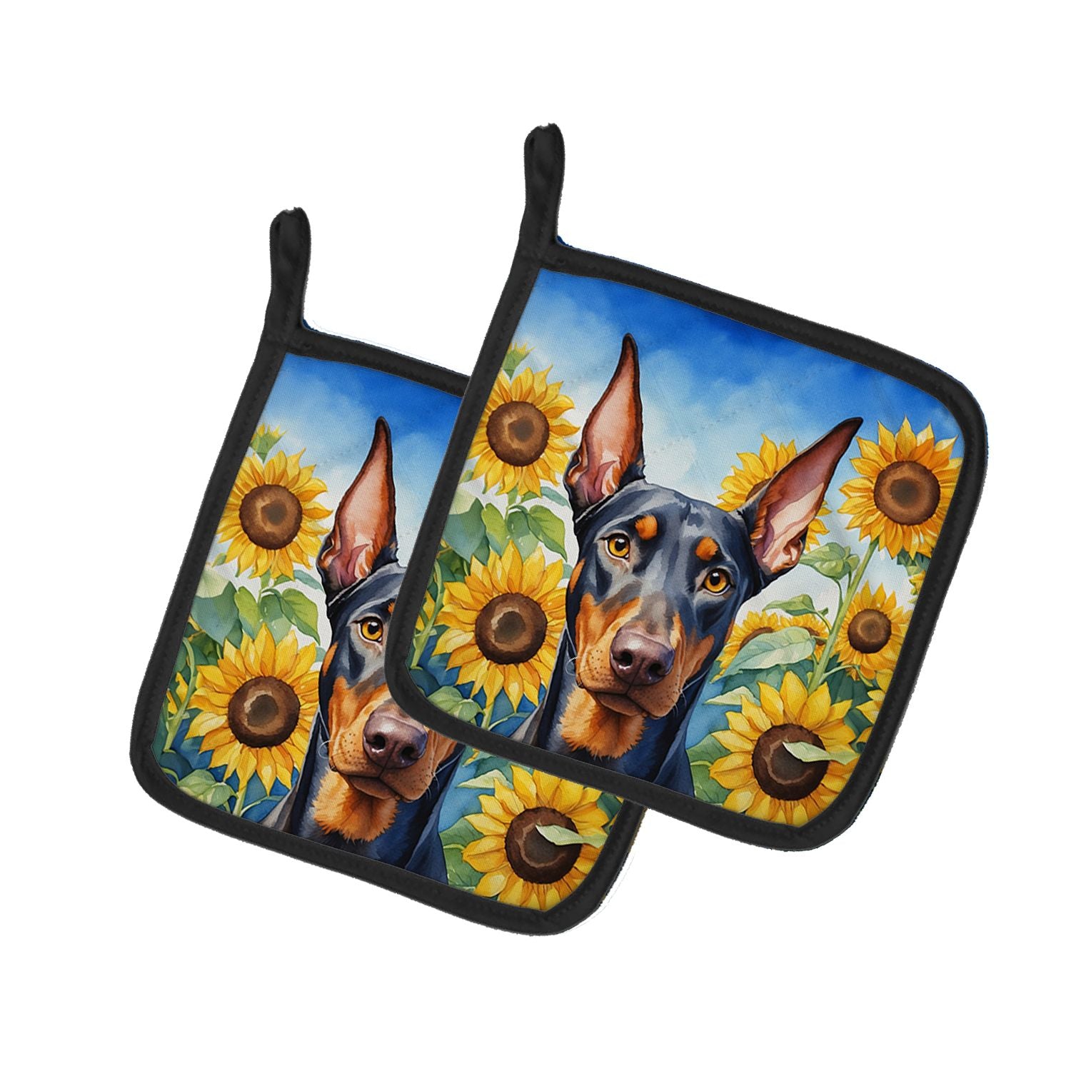 Doberman Pinscher in Sunflowers Pair of Pot Holders Kitchen Heat Resistant Pot Holders Sets Oven Hot Pads for Cooking Baking BBQ