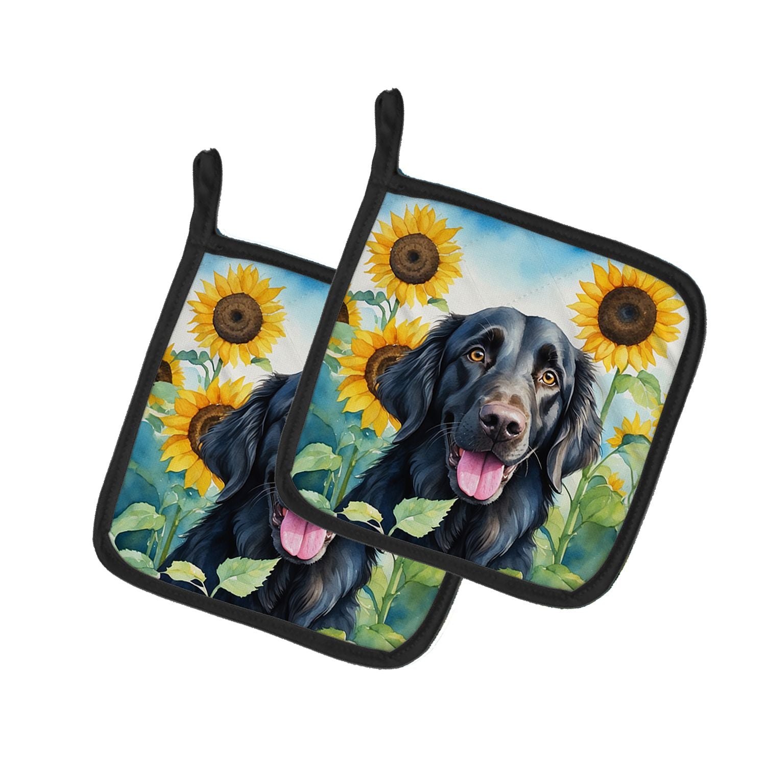 Flat-Coated Retriever in Sunflowers Pair of Pot Holders Kitchen Heat Resistant Pot Holders Sets Oven Hot Pads for Cooking Baking