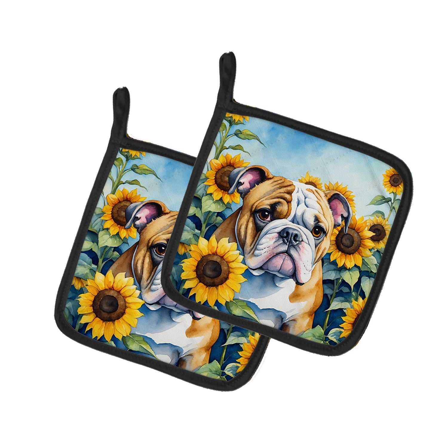 English Bulldog in Sunflowers Pair of Pot Holders Kitchen Heat Resistant Pot Holders Sets Oven Hot Pads for Cooking Baking BBQ, 