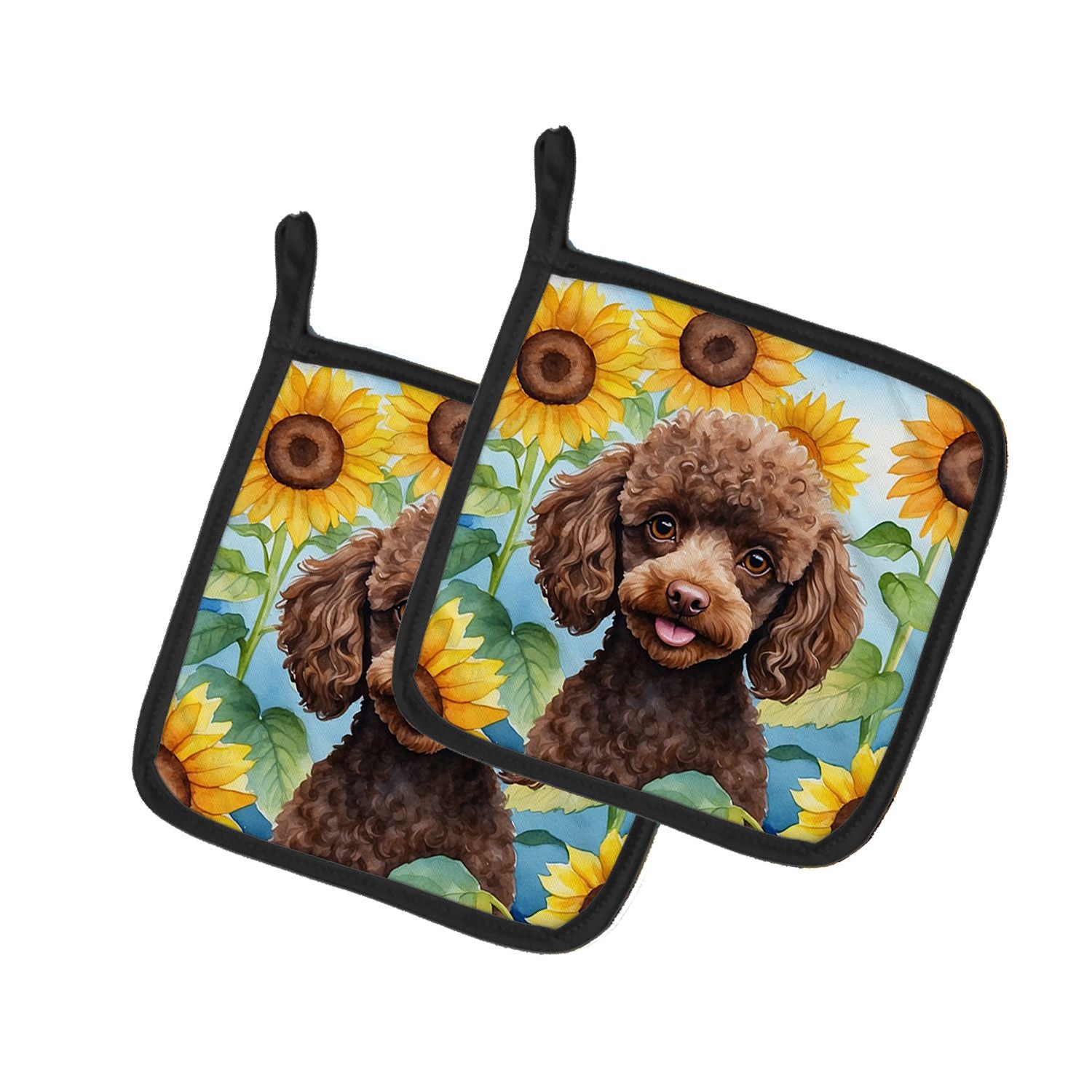 Chocolate Poodle in Sunflowers Pair of Pot Holders Kitchen Heat Resistant Pot Holders Sets Oven Hot Pads for Cooking Baking BBQ,
