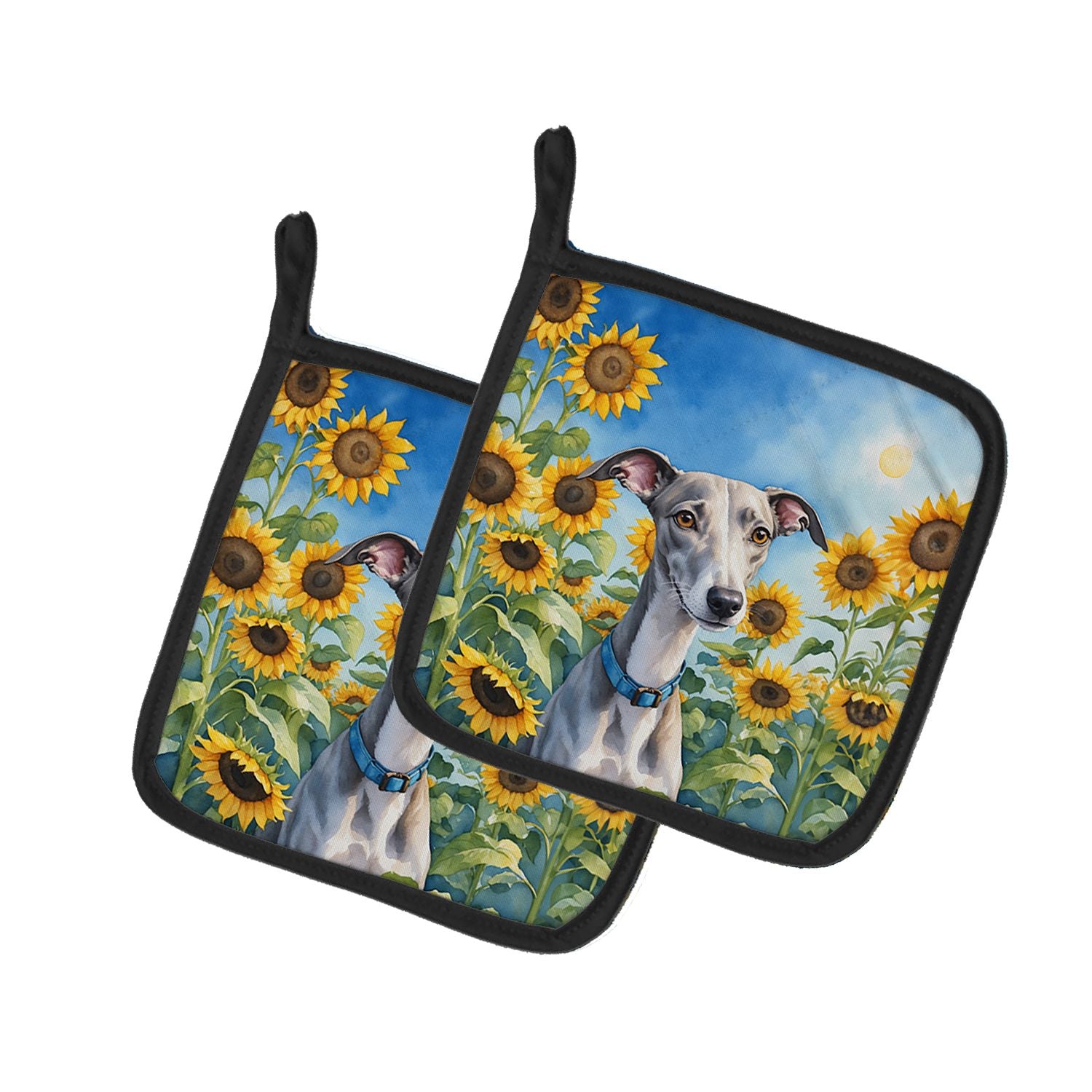 Whippet in Sunflowers Pair of Pot Holders Kitchen Heat Resistant Pot Holders Sets Oven Hot Pads for Cooking Baking BBQ, 7 1/2 x 