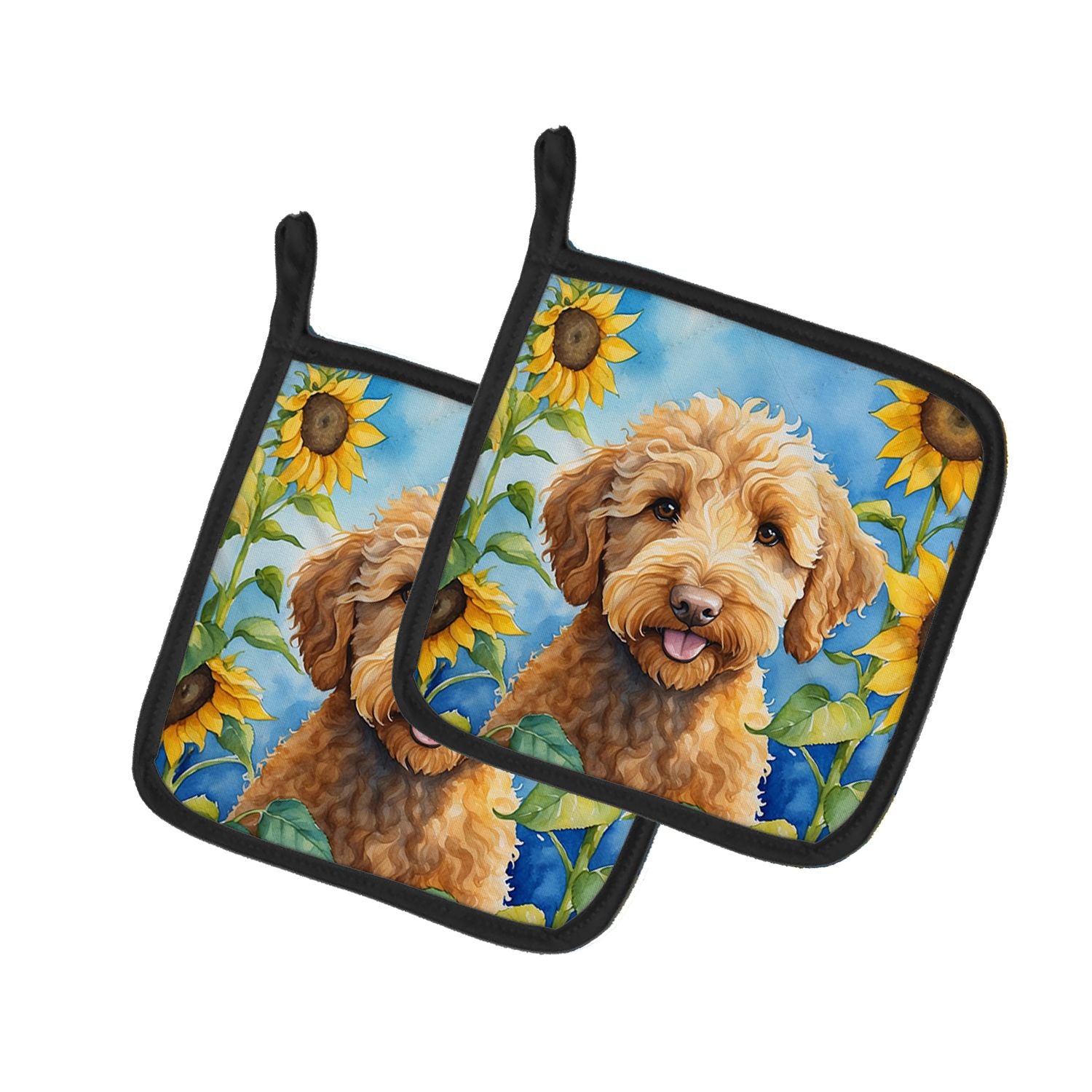 Labradoodle in Sunflowers Pair of Pot Holders Kitchen Heat Resistant Pot Holders Sets Oven Hot Pads for Cooking Baking BBQ, 7 1/