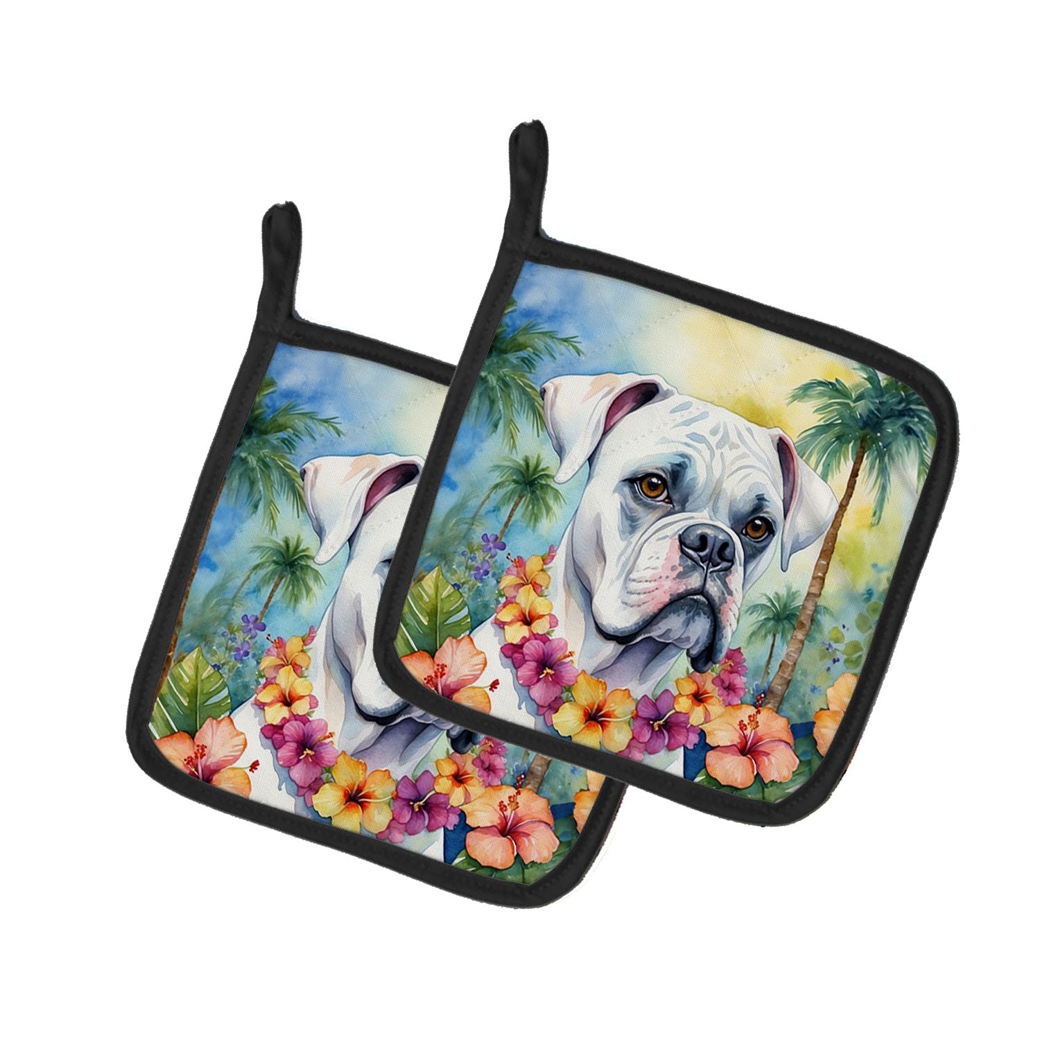 White Boxer Luau Pair of Pot Holders Kitchen Heat Resistant Pot Holders Sets Oven Hot Pads for Cooking Baking BBQ, 7 1/2 x 7 1/2