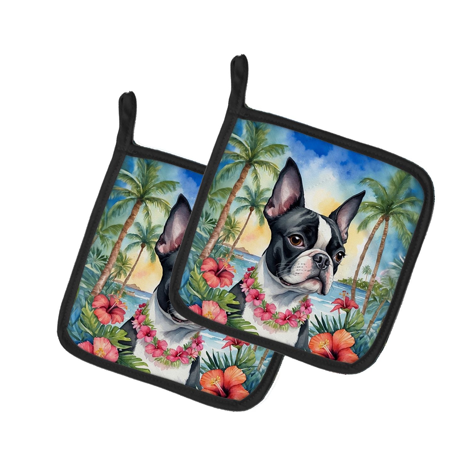 Boston Terrier Luau Pair of Pot Holders Kitchen Heat Resistant Pot Holders Sets Oven Hot Pads for Cooking Baking BBQ, 7 1/2 x 7 