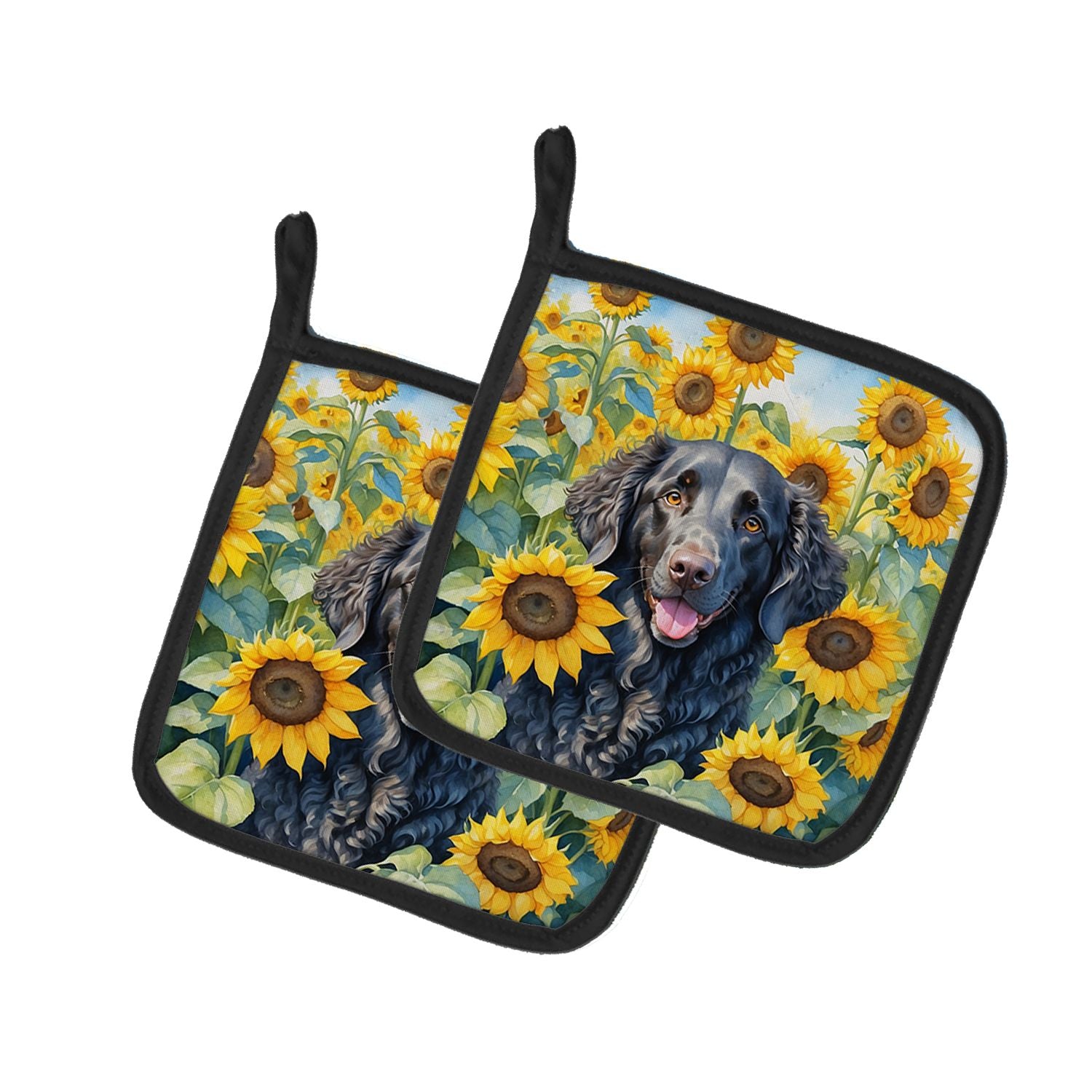 Curly-Coated Retriever in Sunflowers Pair of Pot Holders Kitchen Heat Resistant Pot Holders Sets Oven Hot Pads for Cooking Bakin