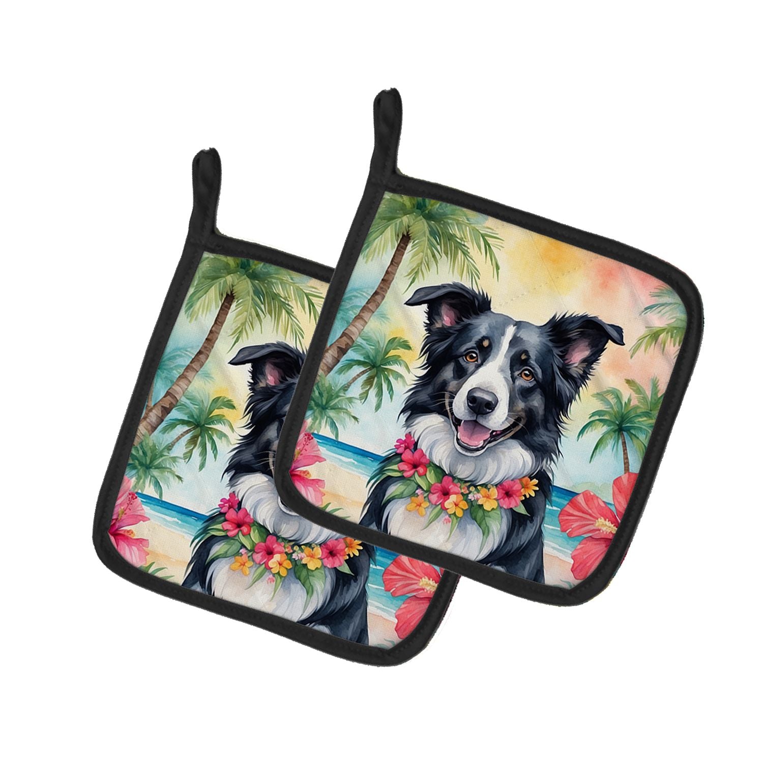 Border Collie Luau Pair of Pot Holders Kitchen Heat Resistant Pot Holders Sets Oven Hot Pads for Cooking Baking BBQ, 7 1/2 x 7 1