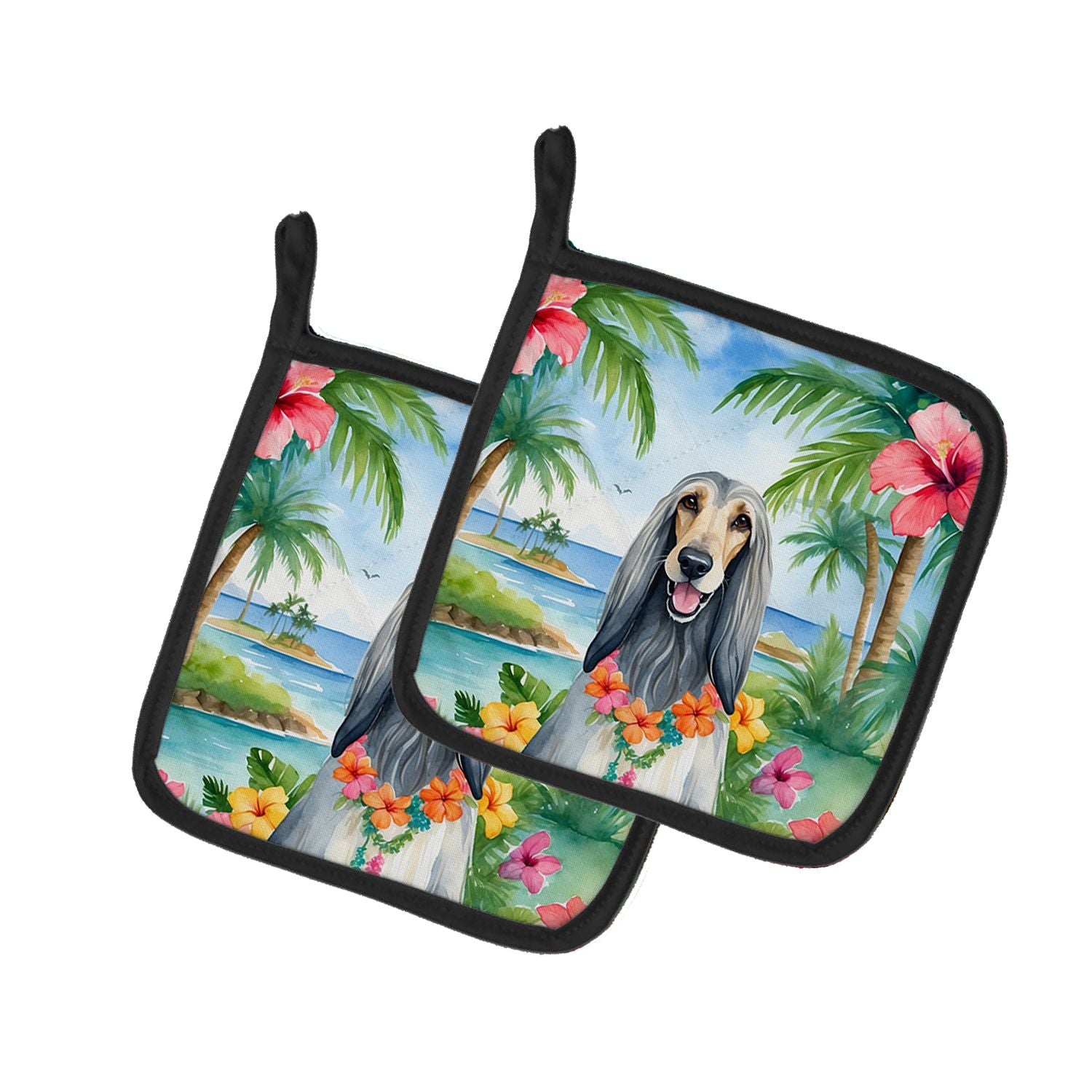 Afghan Hound Luau Pair of Pot Holders Kitchen Heat Resistant Pot Holders Sets Oven Hot Pads for Cooking Baking BBQ, 7 1/2 x 7 1/