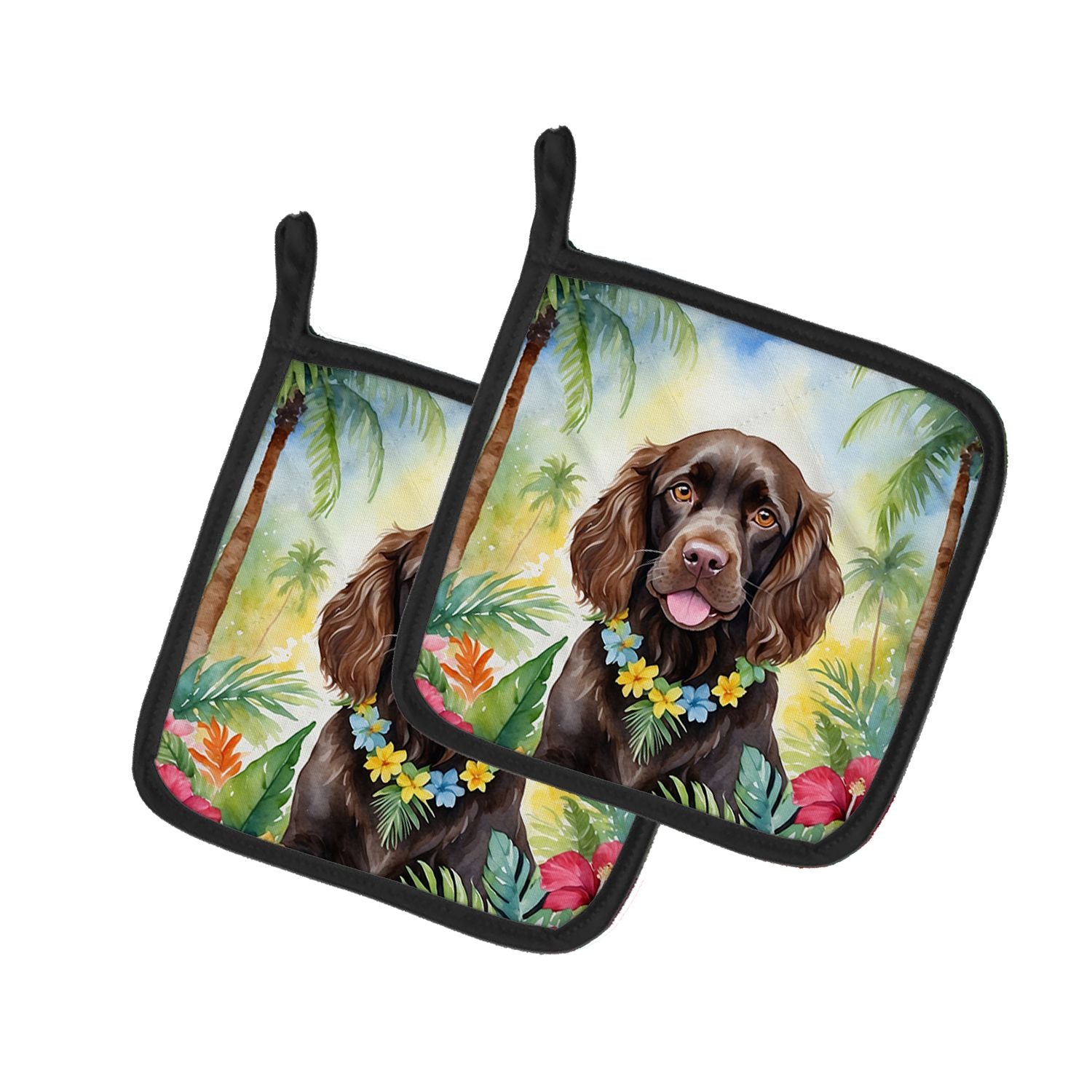 Boykin Spaniel Luau Pair of Pot Holders Kitchen Heat Resistant Pot Holders Sets Oven Hot Pads for Cooking Baking BBQ, 7 1/2 x 7 
