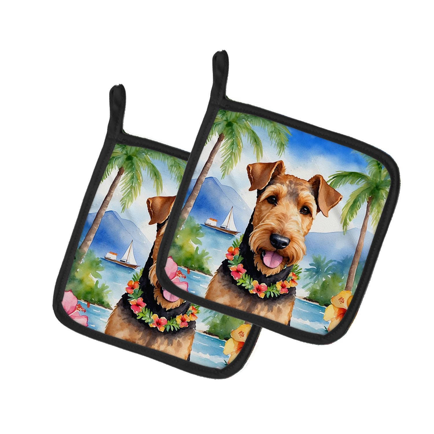 Airedale Terrier Luau Pair of Pot Holders Kitchen Heat Resistant Pot Holders Sets Oven Hot Pads for Cooking Baking BBQ, 7 1/2 x 