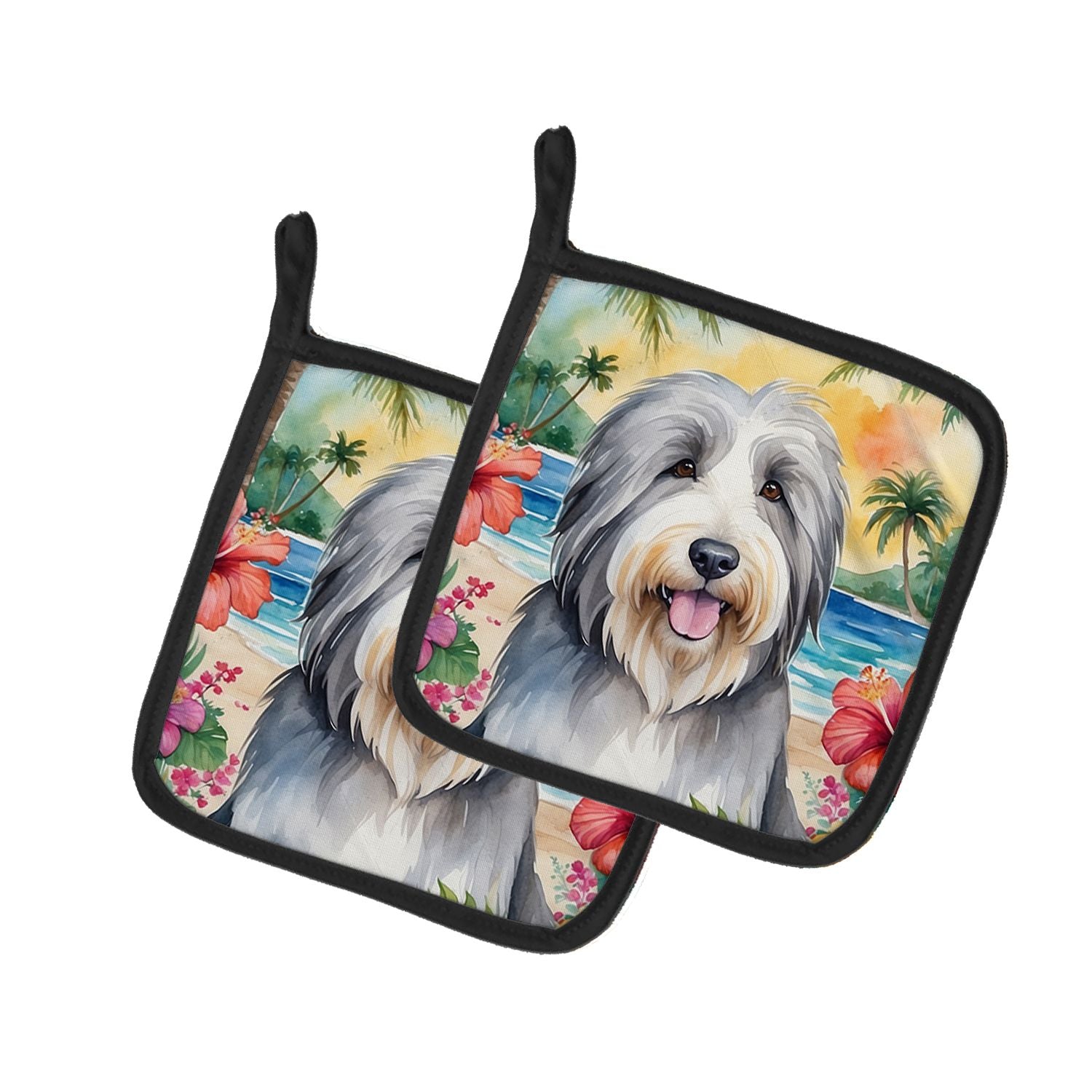 Bearded Collie Luau Pair of Pot Holders Kitchen Heat Resistant Pot Holders Sets Oven Hot Pads for Cooking Baking BBQ, 7 1/2 x 7 