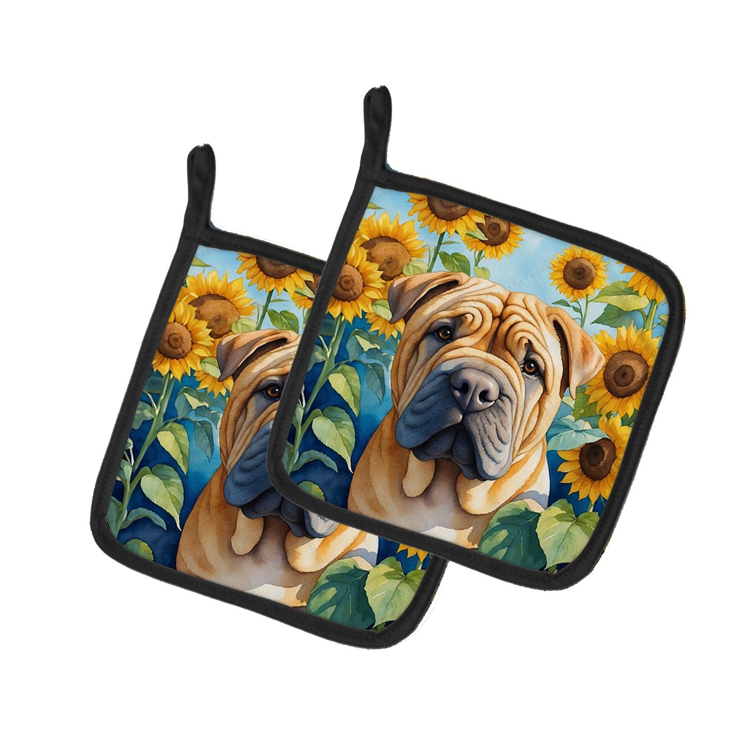 Shar Pei in Sunflowers Pair of Pot Holders Kitchen Heat Resistant Pot Holders Sets Oven Hot Pads for Cooking Baking BBQ, 7 1/2 x