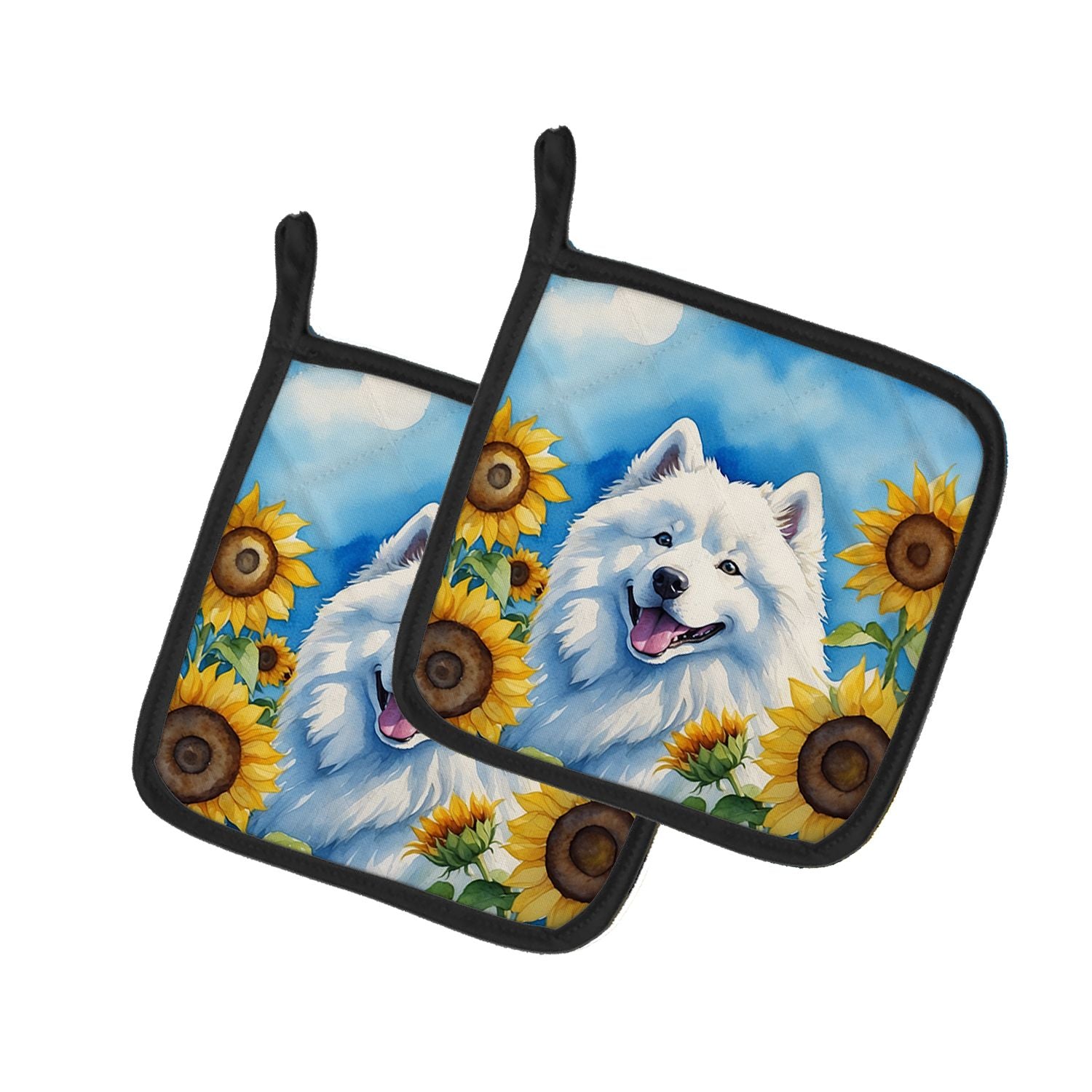Samoyed in Sunflowers Pair of Pot Holders Kitchen Heat Resistant Pot Holders Sets Oven Hot Pads for Cooking Baking BBQ, 7 1/2 x 
