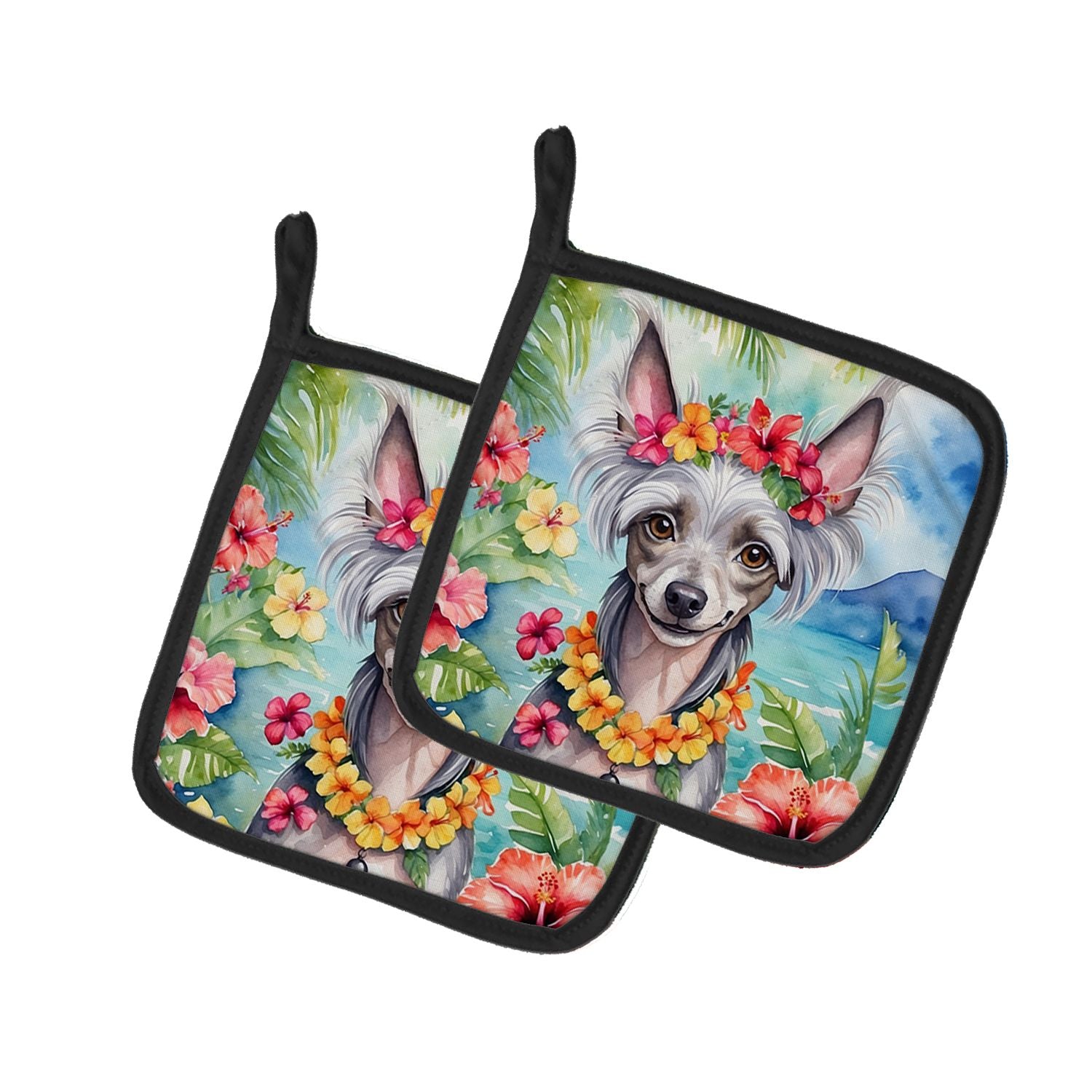 Chinese Crested Luau Pair of Pot Holders Kitchen Heat Resistant Pot Holders Sets Oven Hot Pads for Cooking Baking BBQ, 7 1/2 x 7