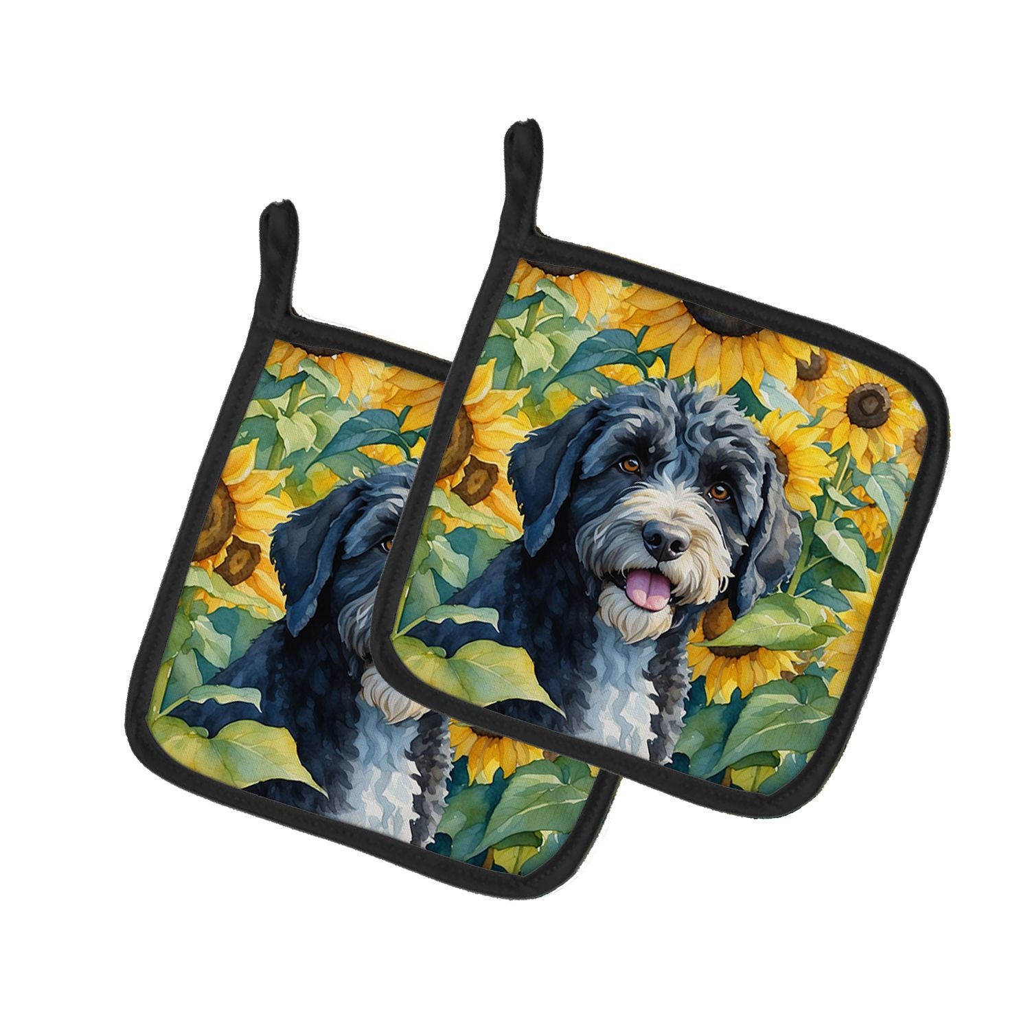 Portuguese Water Dog in Sunflowers Pair of Pot Holders Kitchen Heat Resistant Pot Holders Sets Oven Hot Pads for Cooking Baking 
