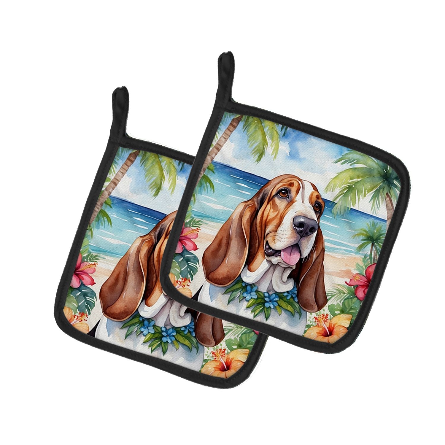 Basset Hound Luau Pair of Pot Holders Kitchen Heat Resistant Pot Holders Sets Oven Hot Pads for Cooking Baking BBQ, 7 1/2 x 7 1/