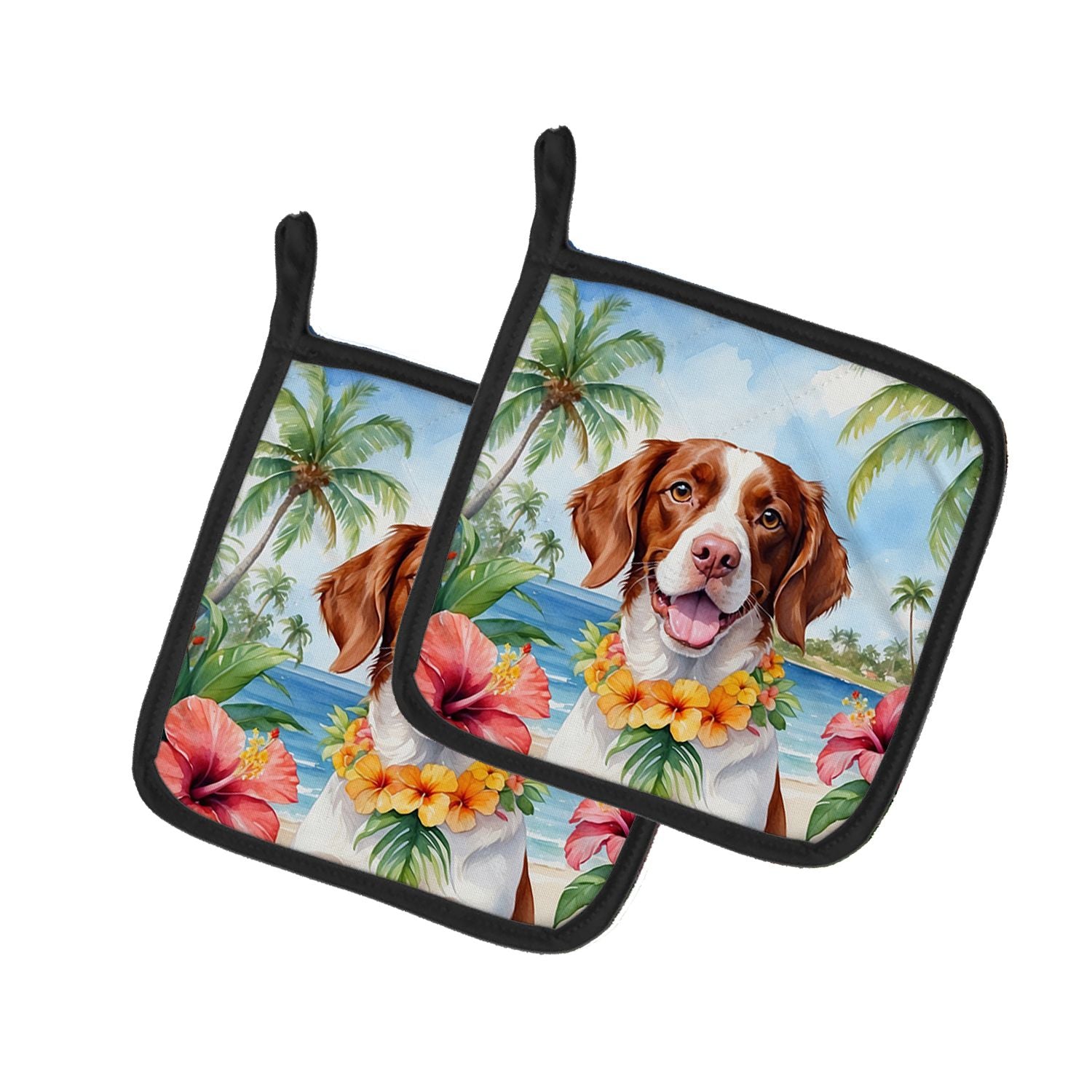 Brittany Spaniel Luau Pair of Pot Holders Kitchen Heat Resistant Pot Holders Sets Oven Hot Pads for Cooking Baking BBQ, 7 1/2 x 