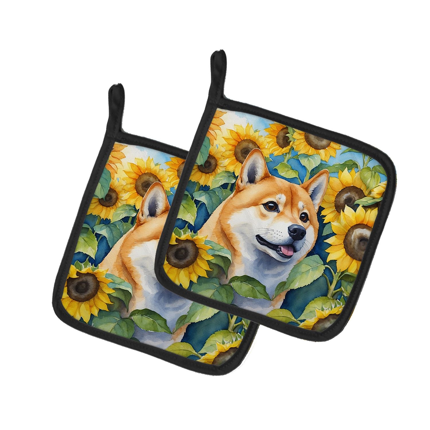 Shiba Inu in Sunflowers Pair of Pot Holders Kitchen Heat Resistant Pot Holders Sets Oven Hot Pads for Cooking Baking BBQ, 7 1/2 