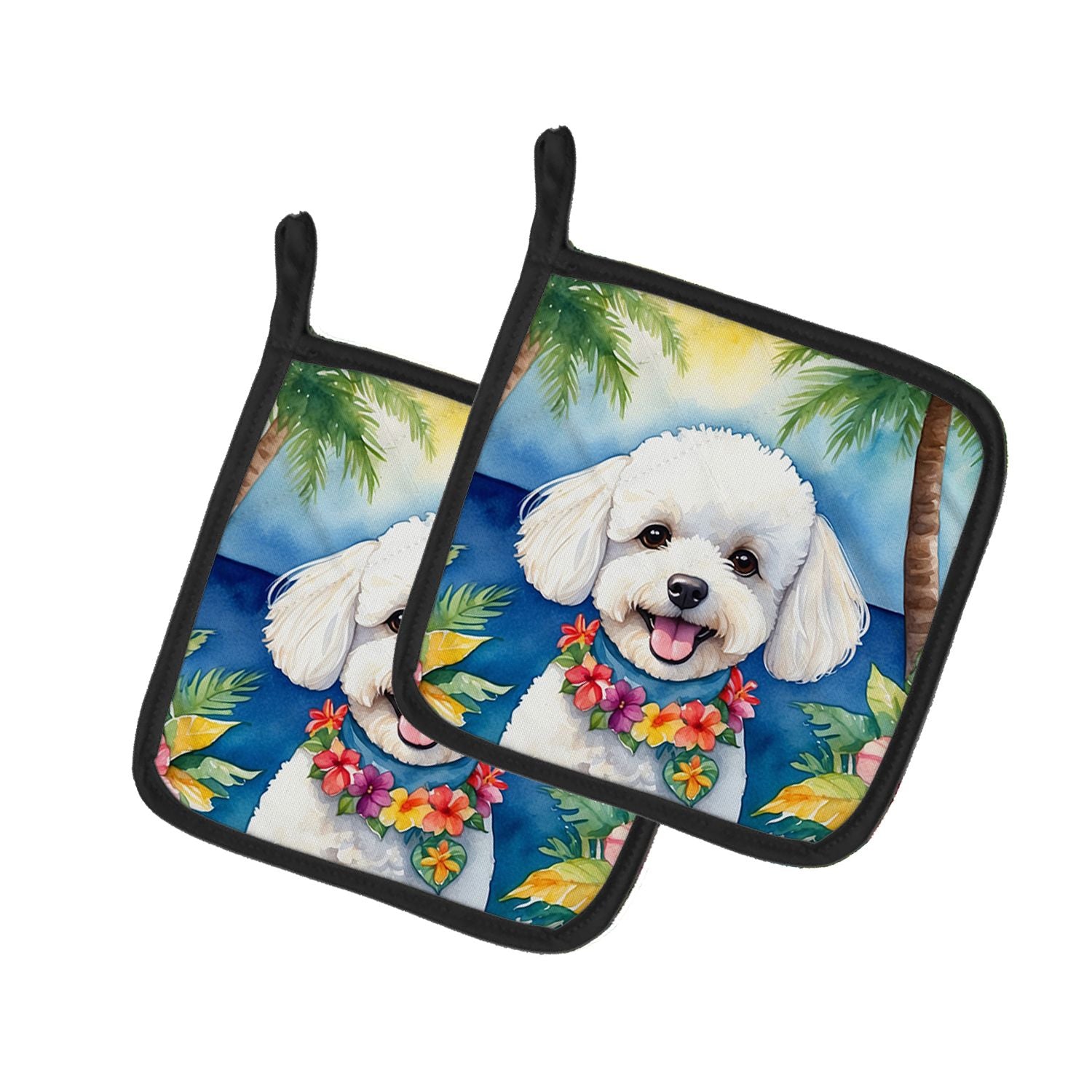 Bichon Frise Luau Pair of Pot Holders Kitchen Heat Resistant Pot Holders Sets Oven Hot Pads for Cooking Baking BBQ, 7 1/2 x 7 1/