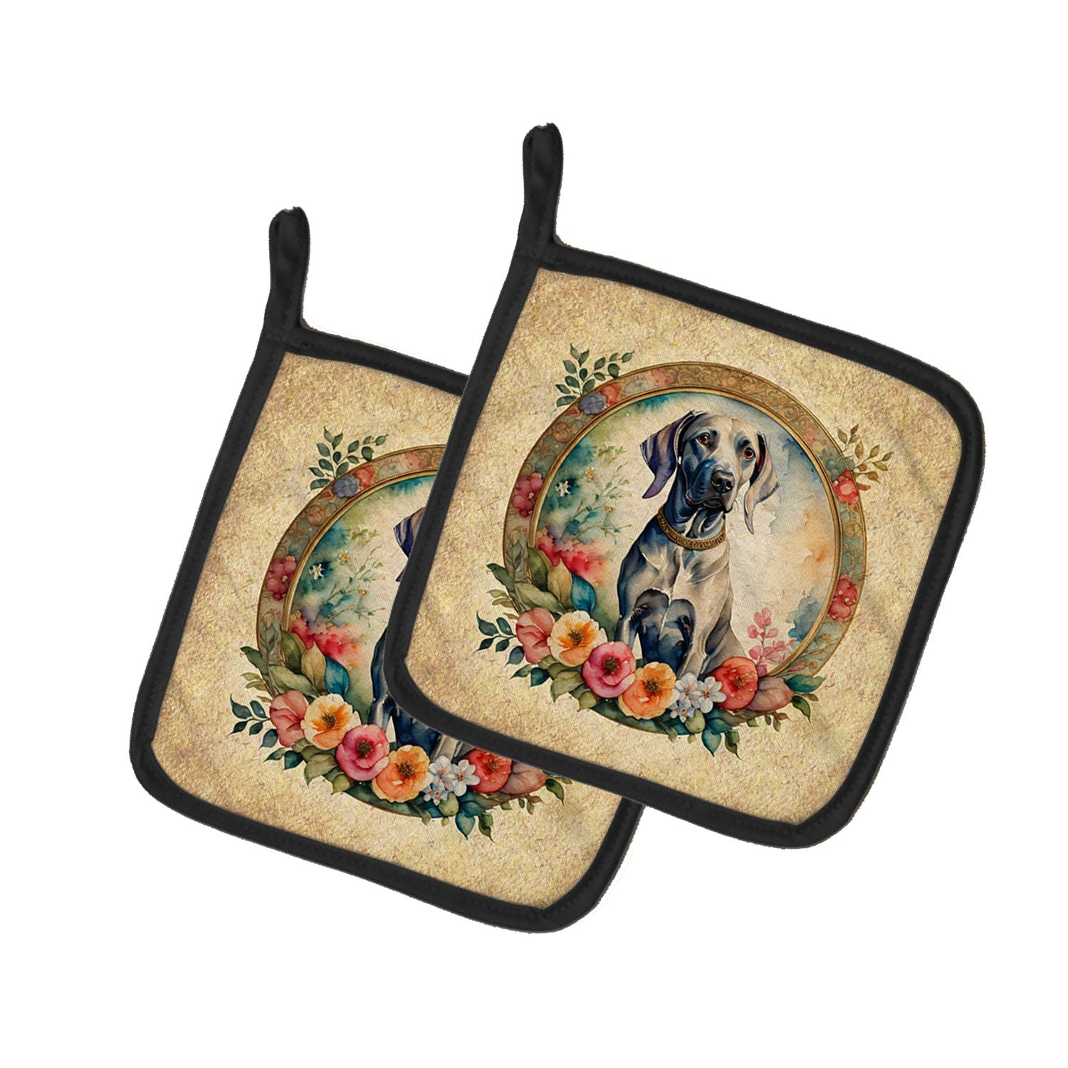Weimaraner and Flowers Pair of Pot Holders Kitchen Heat Resistant Pot Holders Sets Oven Hot Pads for Cooking Baking BBQ, 7 1/2 x