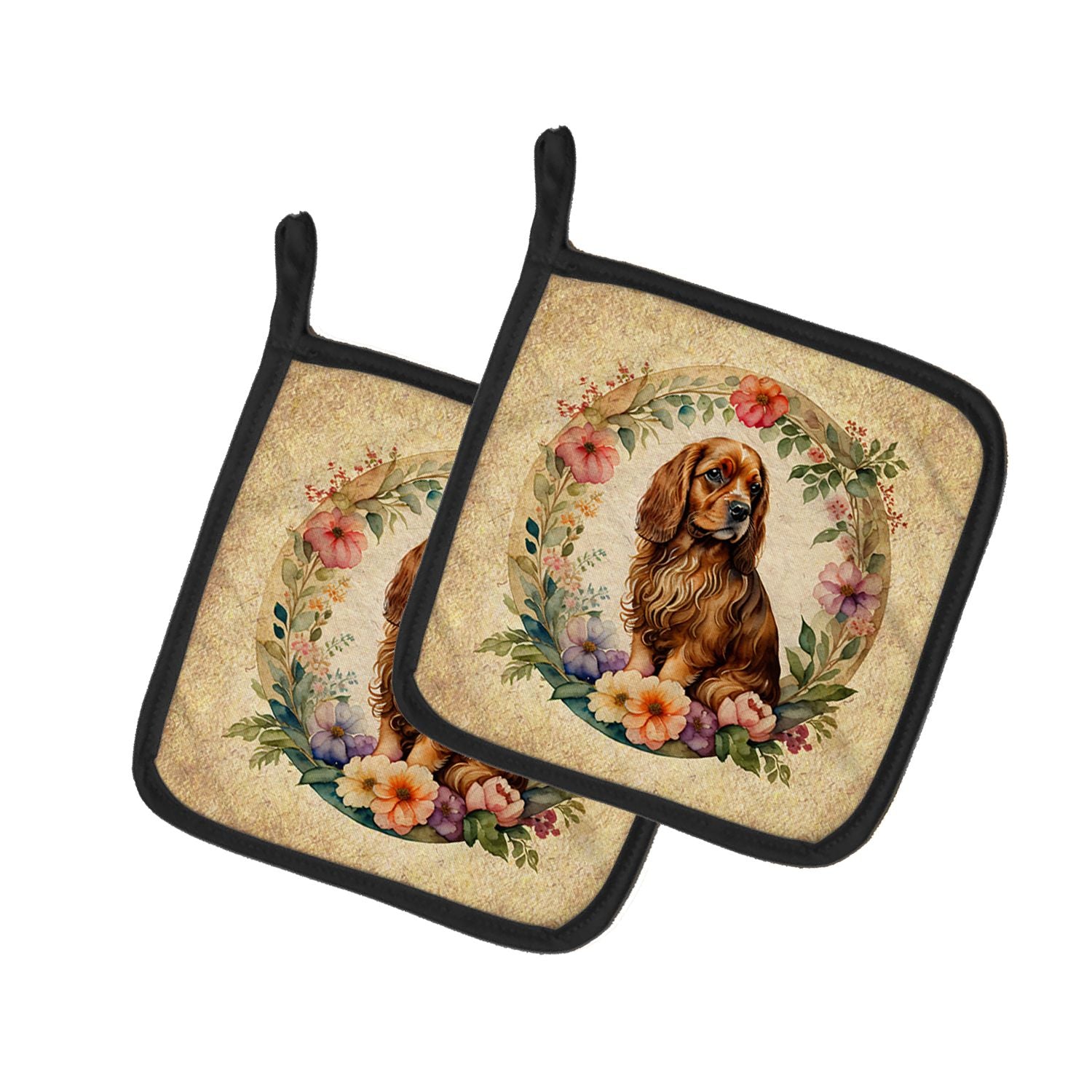 Sussex Spaniel and Flowers Pair of Pot Holders Kitchen Heat Resistant Pot Holders Sets Oven Hot Pads for Cooking Baking BBQ, 7 1