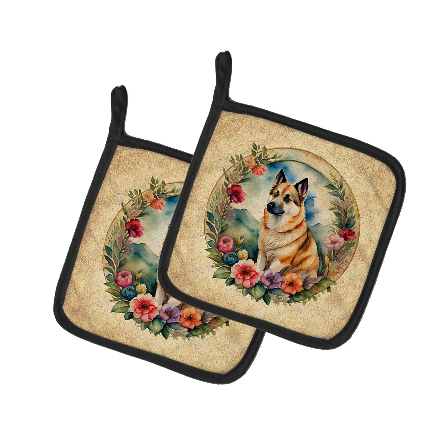 Norwegian Buhund and Flowers Pair of Pot Holders Kitchen Heat Resistant Pot Holders Sets Oven Hot Pads for Cooking Baking BBQ, 7
