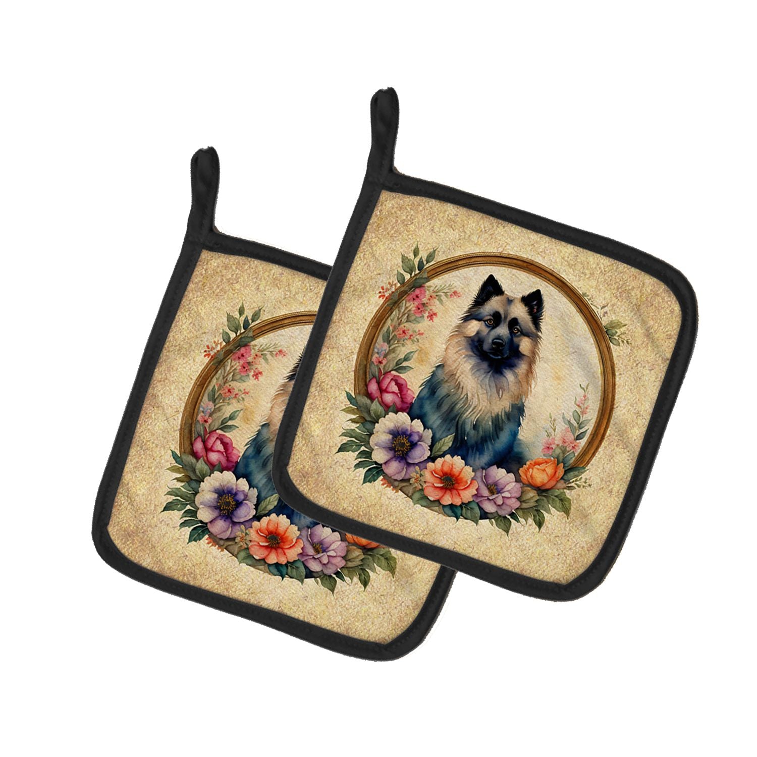 Keeshond and Flowers Pair of Pot Holders Kitchen Heat Resistant Pot Holders Sets Oven Hot Pads for Cooking Baking BBQ, 7 1/2 x 7