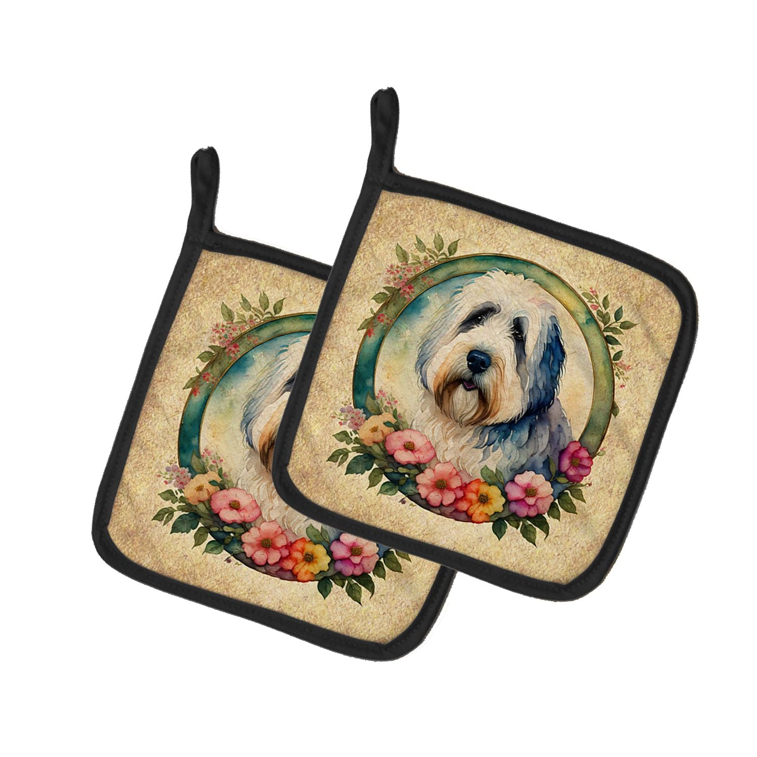 Old English Sheepdog and Flowers Pair of Pot Holders Kitchen Heat Resistant Pot Holders Sets Oven Hot Pads for Cooking Baking BB