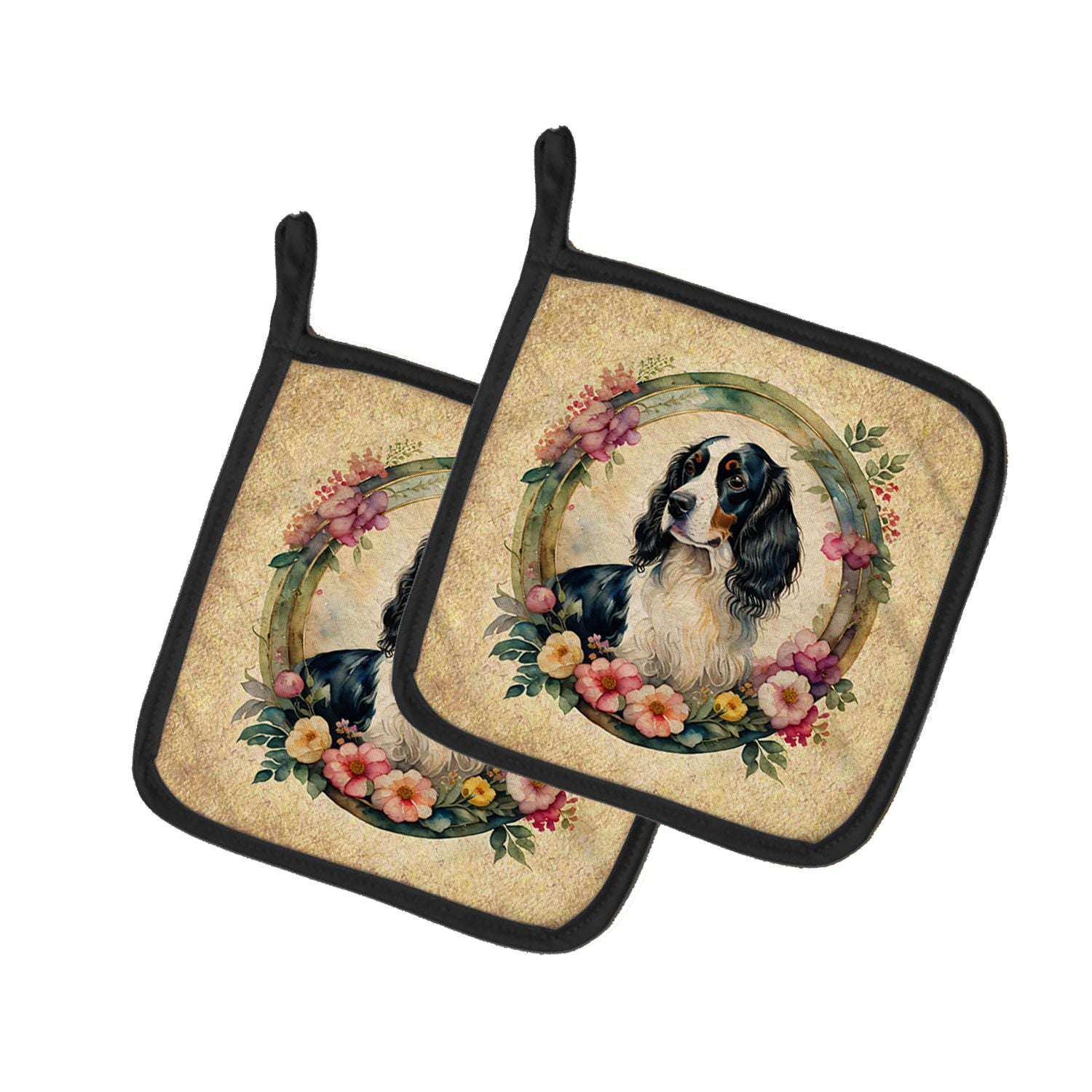 English Springer Spaniel and Flowers Pair of Pot Holders Kitchen Heat Resistant Pot Holders Sets Oven Hot Pads for Cooking Bakin