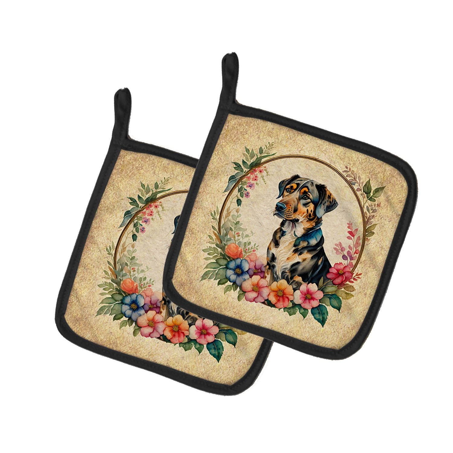 Catahoula Leopard Dog and Flowers Pair of Pot Holders Kitchen Heat Resistant Pot Holders Sets Oven Hot Pads for Cooking Baking B