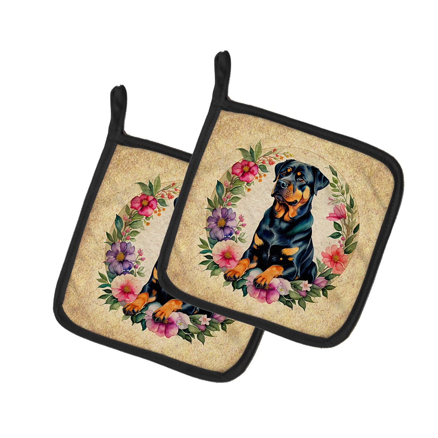 Rottweiler and Flowers Pair of Pot Holders Kitchen Heat Resistant Pot Holders Sets Oven Hot Pads for Cooking Baking BBQ, 7 1/2 x