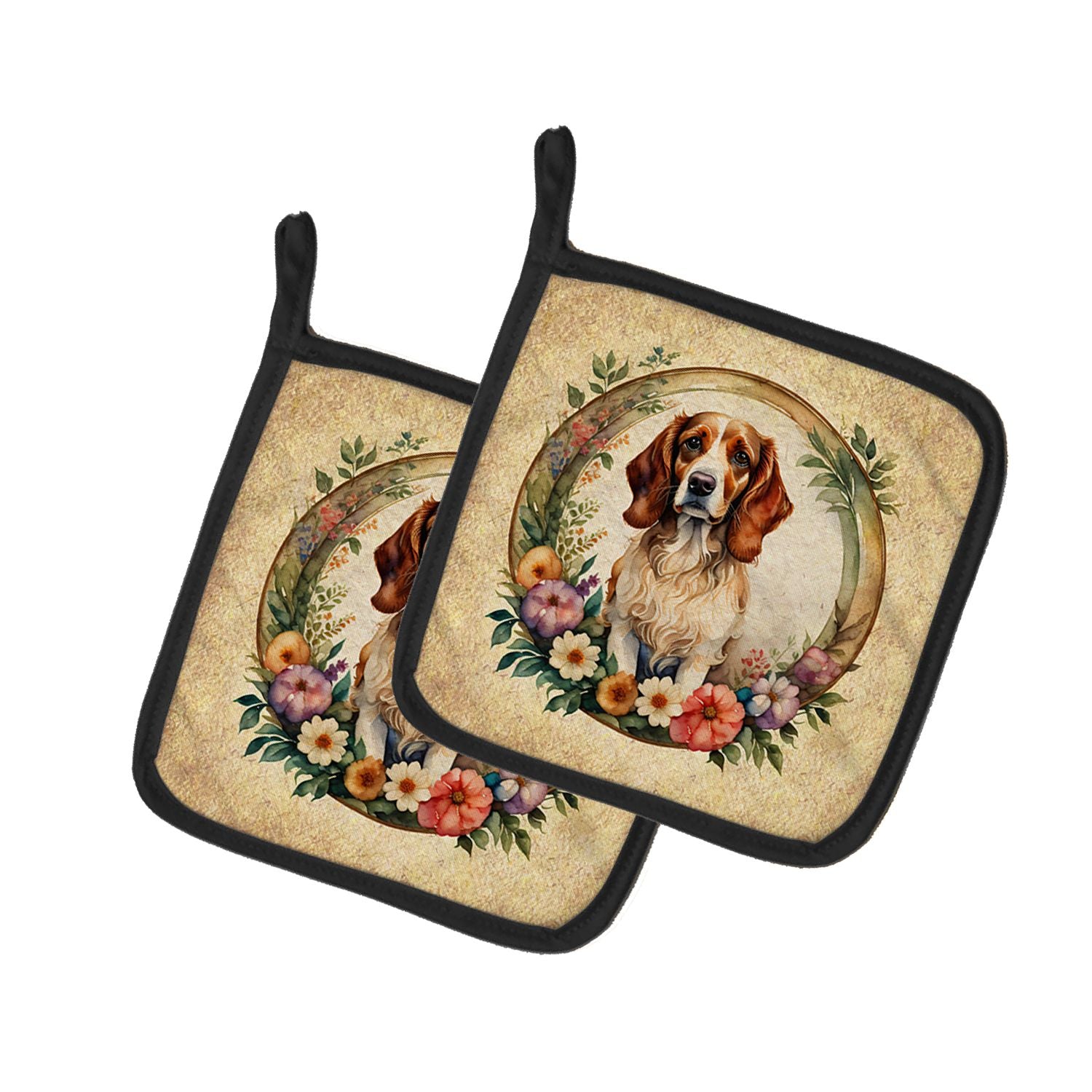 Brittany Spaniel and Flowers Pair of Pot Holders Kitchen Heat Resistant Pot Holders Sets Oven Hot Pads for Cooking Baking BBQ, 7