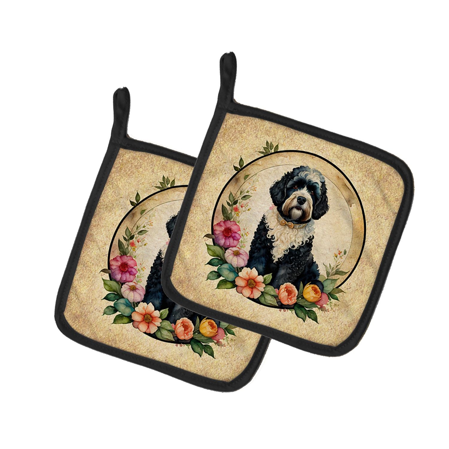 Portuguese Water Dog and Flowers Pair of Pot Holders Kitchen Heat Resistant Pot Holders Sets Oven Hot Pads for Cooking Baking BB