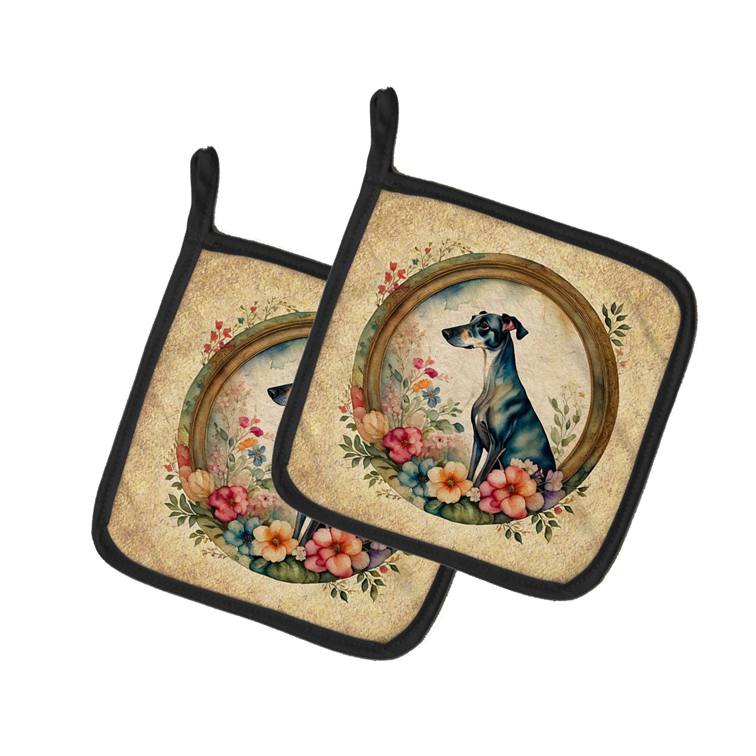 Greyhound and Flowers Pair of Pot Holders Kitchen Heat Resistant Pot Holders Sets Oven Hot Pads for Cooking Baking BBQ, 7 1/2 x 