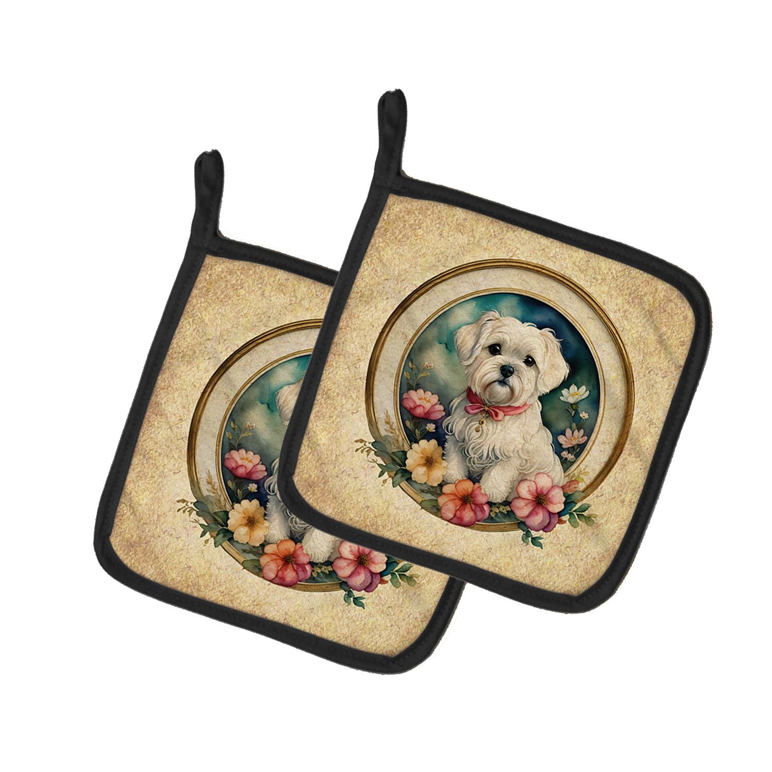 Maltese and Flowers Pair of Pot Holders Kitchen Heat Resistant Pot Holders Sets Oven Hot Pads for Cooking Baking BBQ, 7 1/2 x 7 