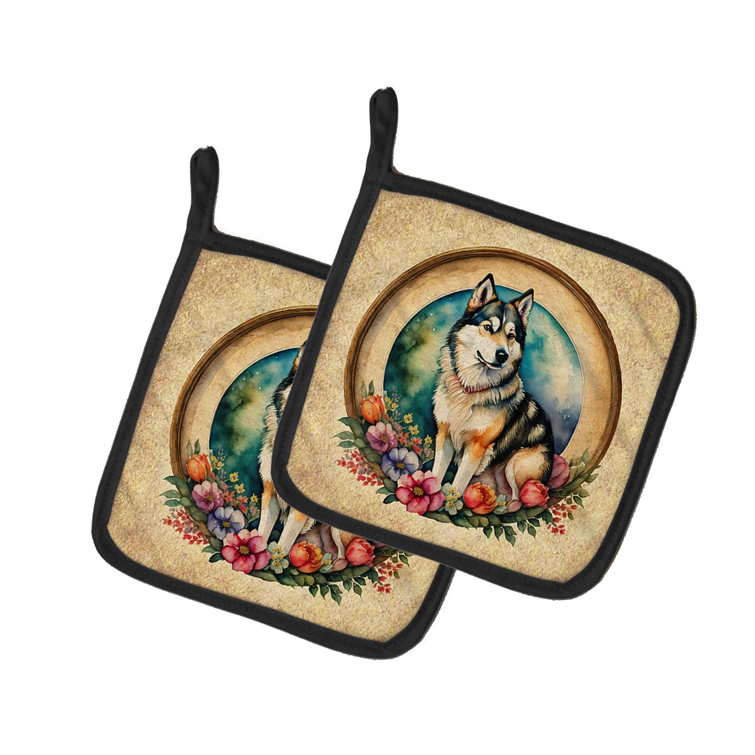 Alaskan Malamute and Flowers Pair of Pot Holders Kitchen Heat Resistant Pot Holders Sets Oven Hot Pads for Cooking Baking BBQ, 7