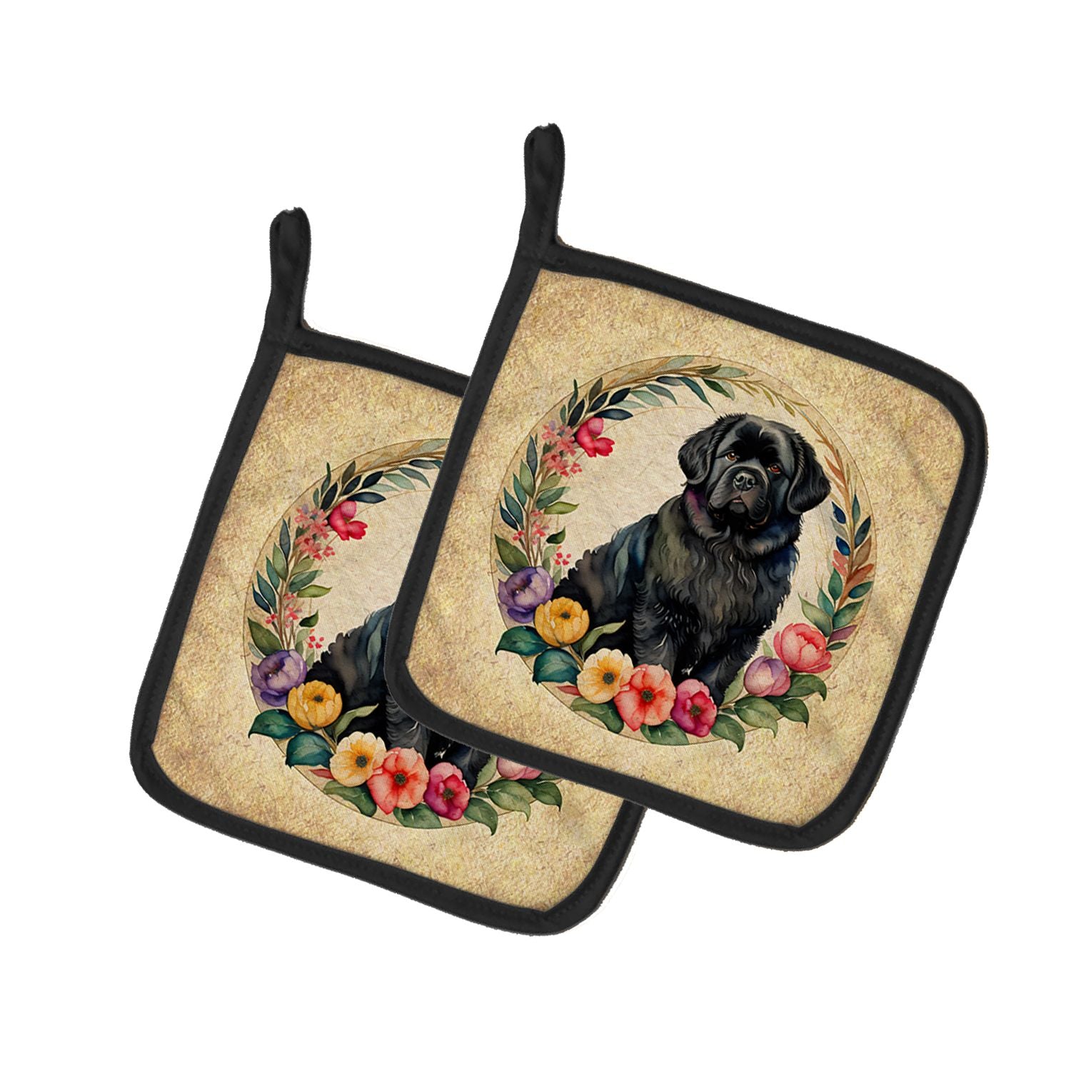Newfoundland and Flowers Pair of Pot Holders Kitchen Heat Resistant Pot Holders Sets Oven Hot Pads for Cooking Baking BBQ, 7 1/2
