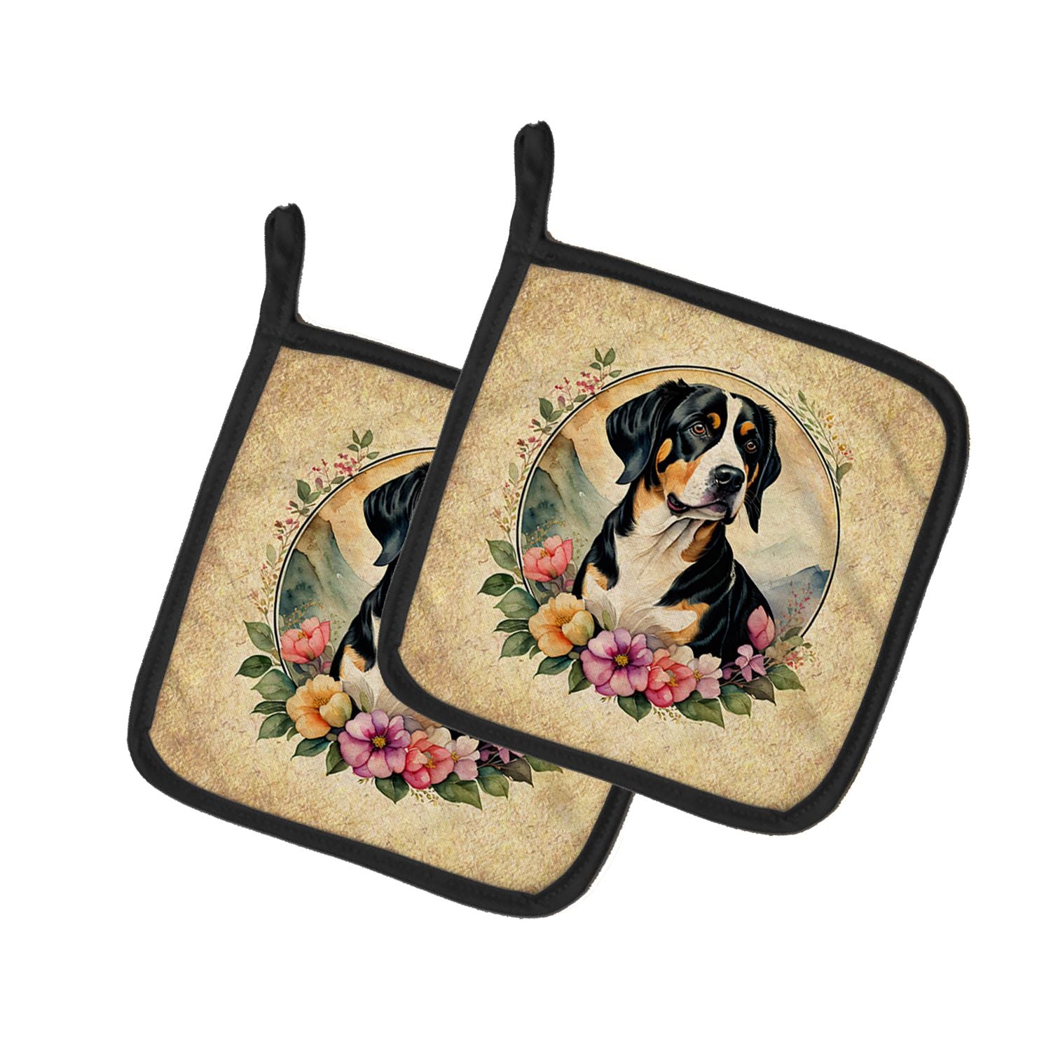 Entlebucher Mountain Dog and Flowers Pair of Pot Holders Kitchen Heat Resistant Pot Holders Sets Oven Hot Pads for Cooking Bakin