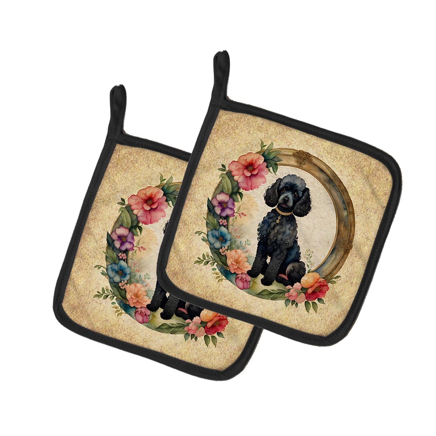 Black Poodle and Flowers Pair of Pot Holders Kitchen Heat Resistant Pot Holders Sets Oven Hot Pads for Cooking Baking BBQ, 7 1/2