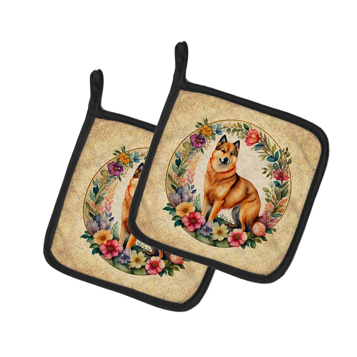 Finnish Spitz and Flowers Pair of Pot Holders Kitchen Heat Resistant Pot Holders Sets Oven Hot Pads for Cooking Baking BBQ, 7 1/