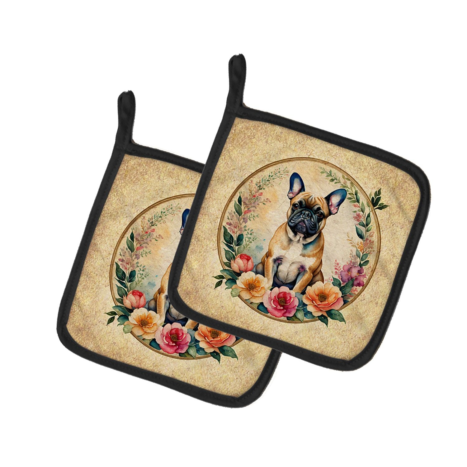 Fawn French Bulldog and Flowers Pair of Pot Holders Kitchen Heat Resistant Pot Holders Sets Oven Hot Pads for Cooking Baking BBQ