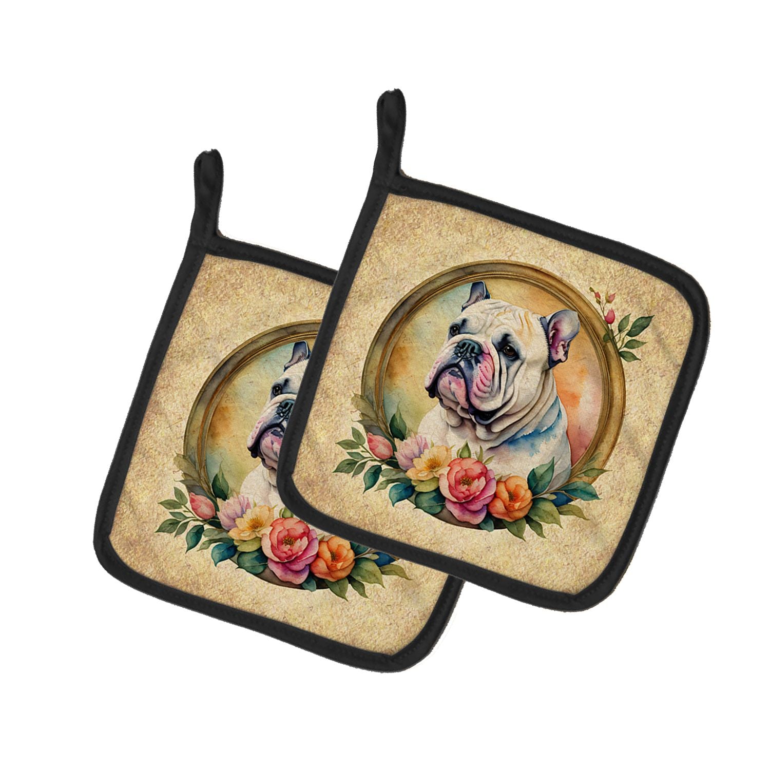 English Bulldog and Flowers Pair of Pot Holders Kitchen Heat Resistant Pot Holders Sets Oven Hot Pads for Cooking Baking BBQ, 7 