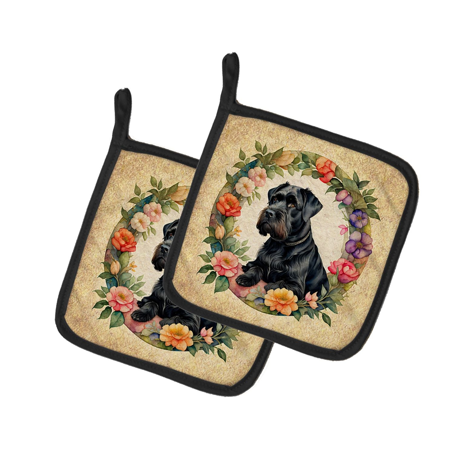 Giant Schnauzer and Flowers Pair of Pot Holders Kitchen Heat Resistant Pot Holders Sets Oven Hot Pads for Cooking Baking BBQ, 7 