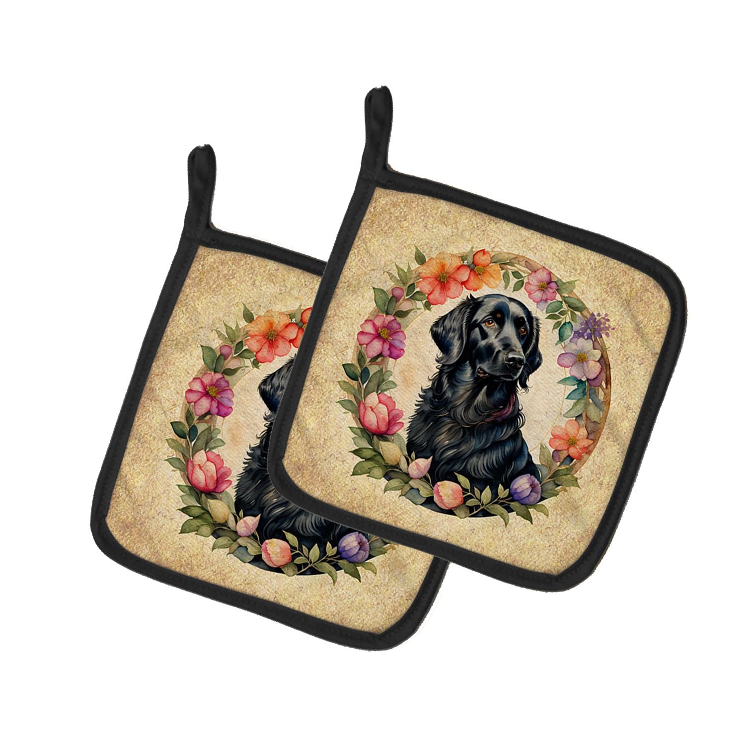 Flat-Coated Retriever and Flowers Pair of Pot Holders Kitchen Heat Resistant Pot Holders Sets Oven Hot Pads for Cooking Baking B