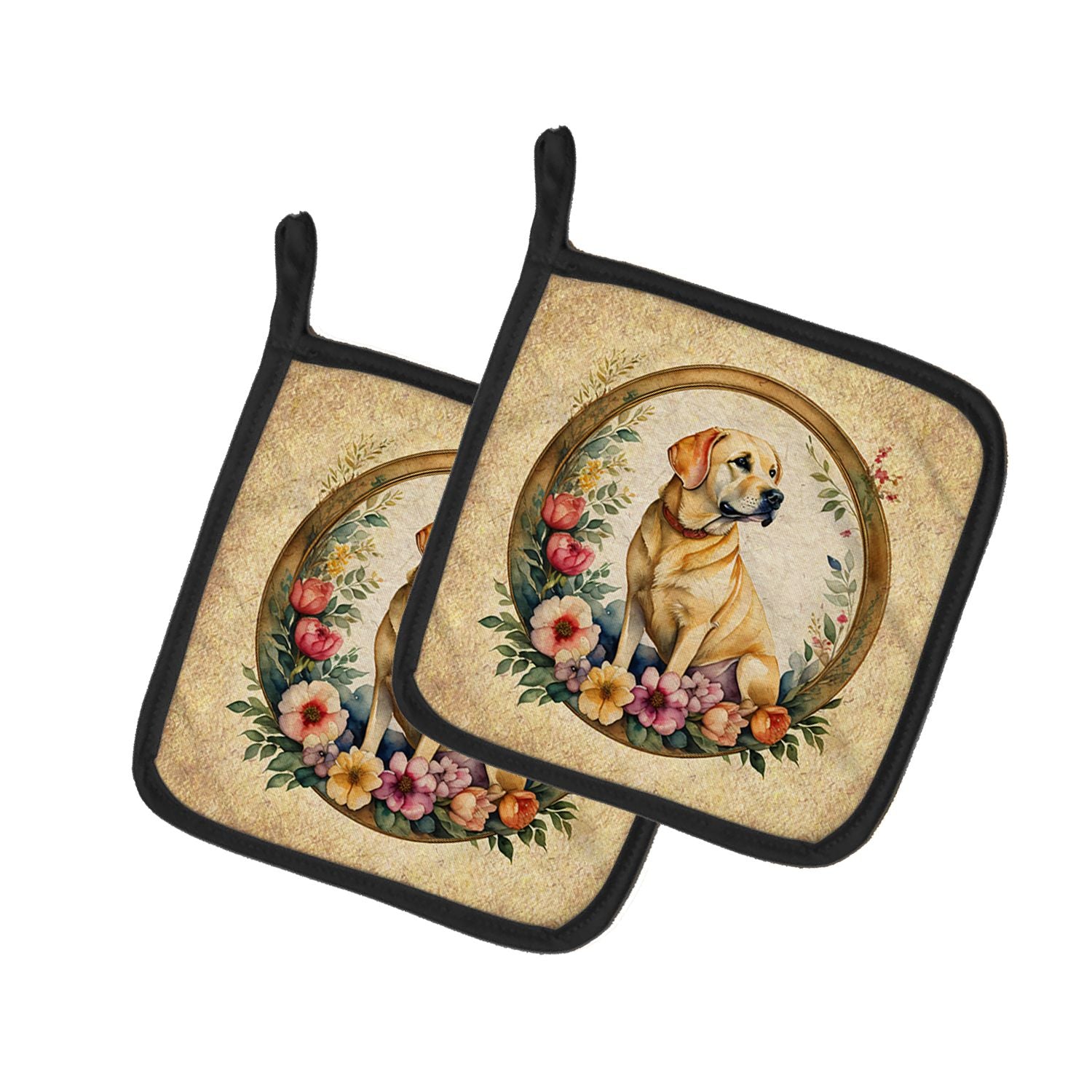 Yellow Labrador Retriever and Flowers Pair of Pot Holders Kitchen Heat Resistant Pot Holders Sets Oven Hot Pads for Cooking Baki