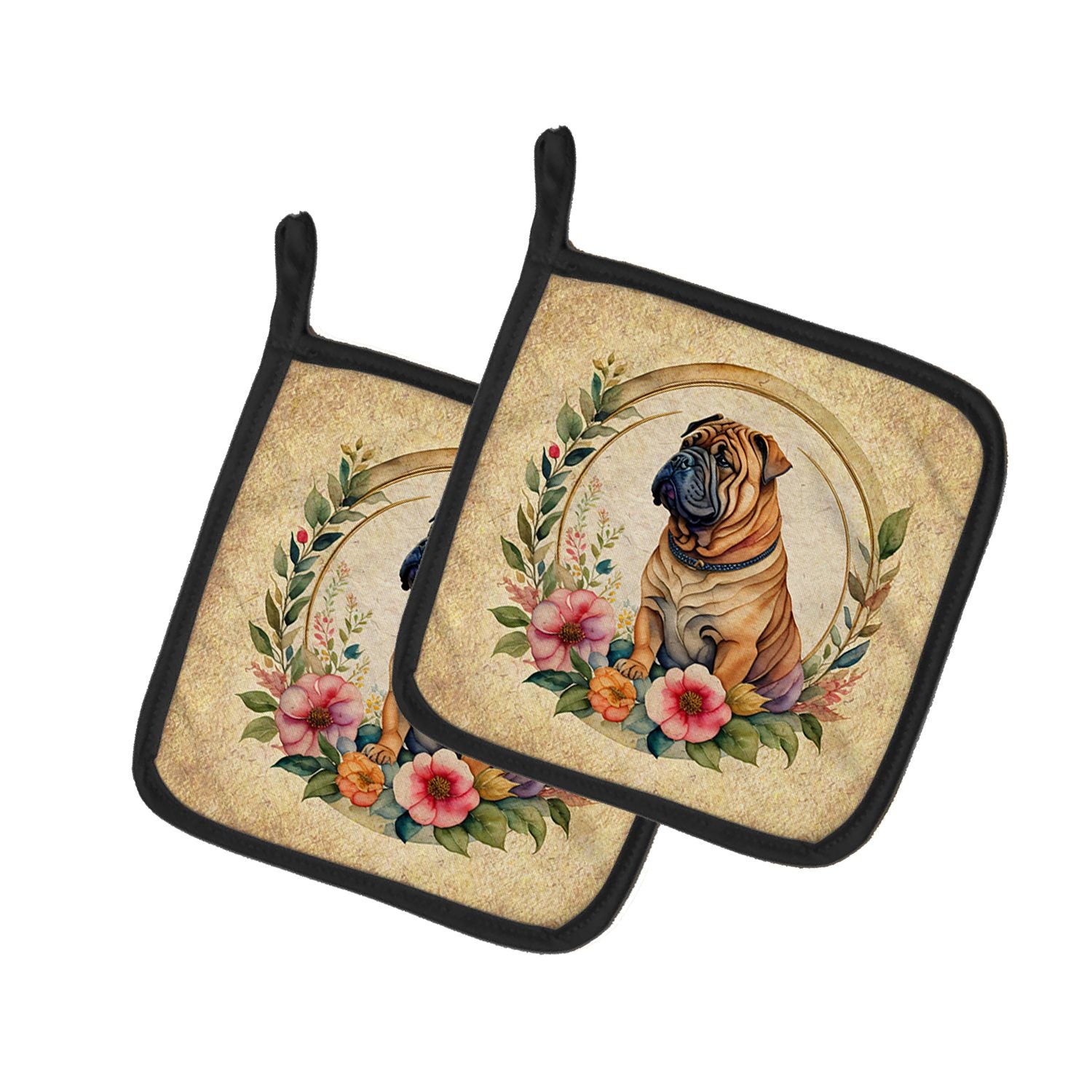 Shar Pei and Flowers Pair of Pot Holders Kitchen Heat Resistant Pot Holders Sets Oven Hot Pads for Cooking Baking BBQ, 7 1/2 x 7